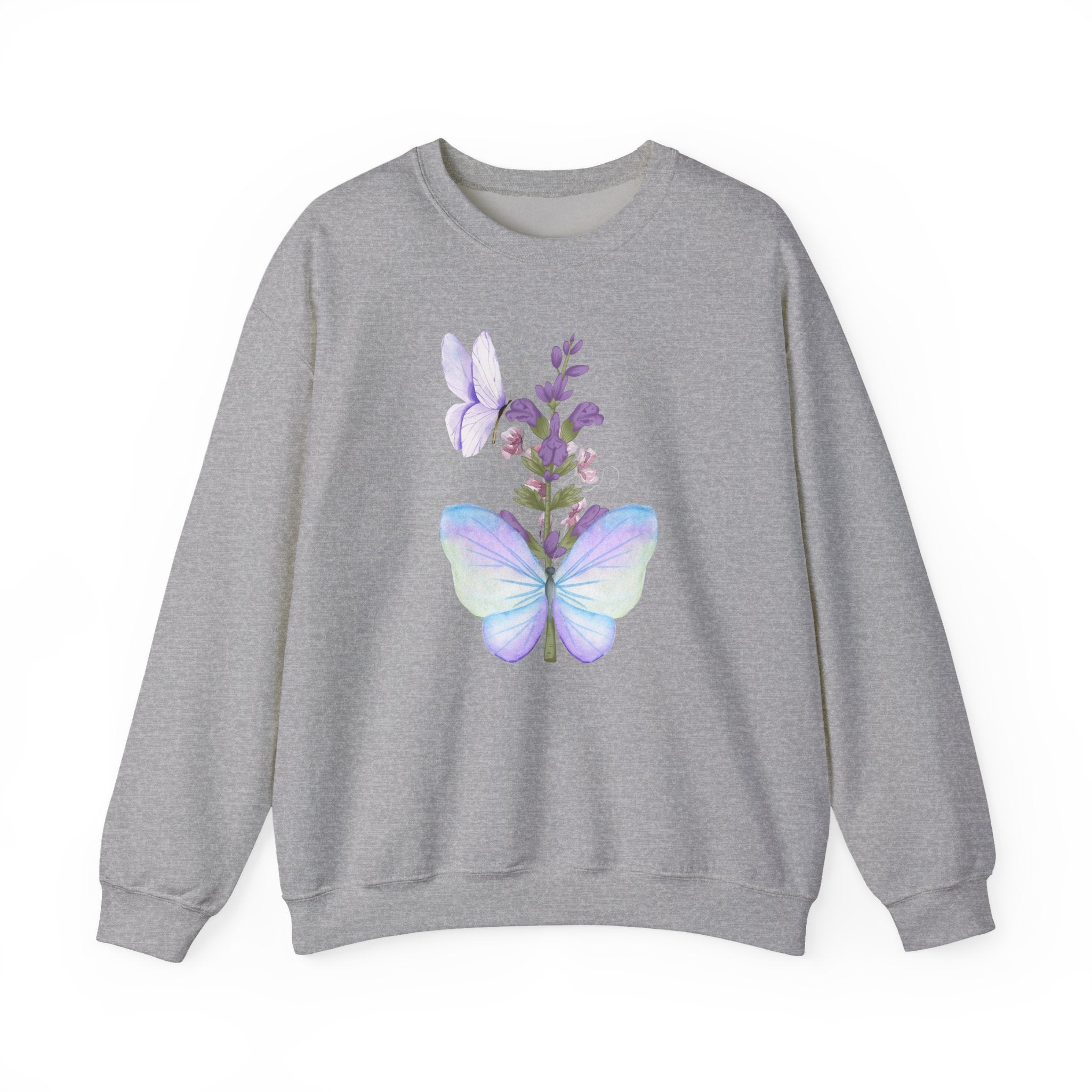 Gray sweatshirt with a butterfly and floral design on a white background