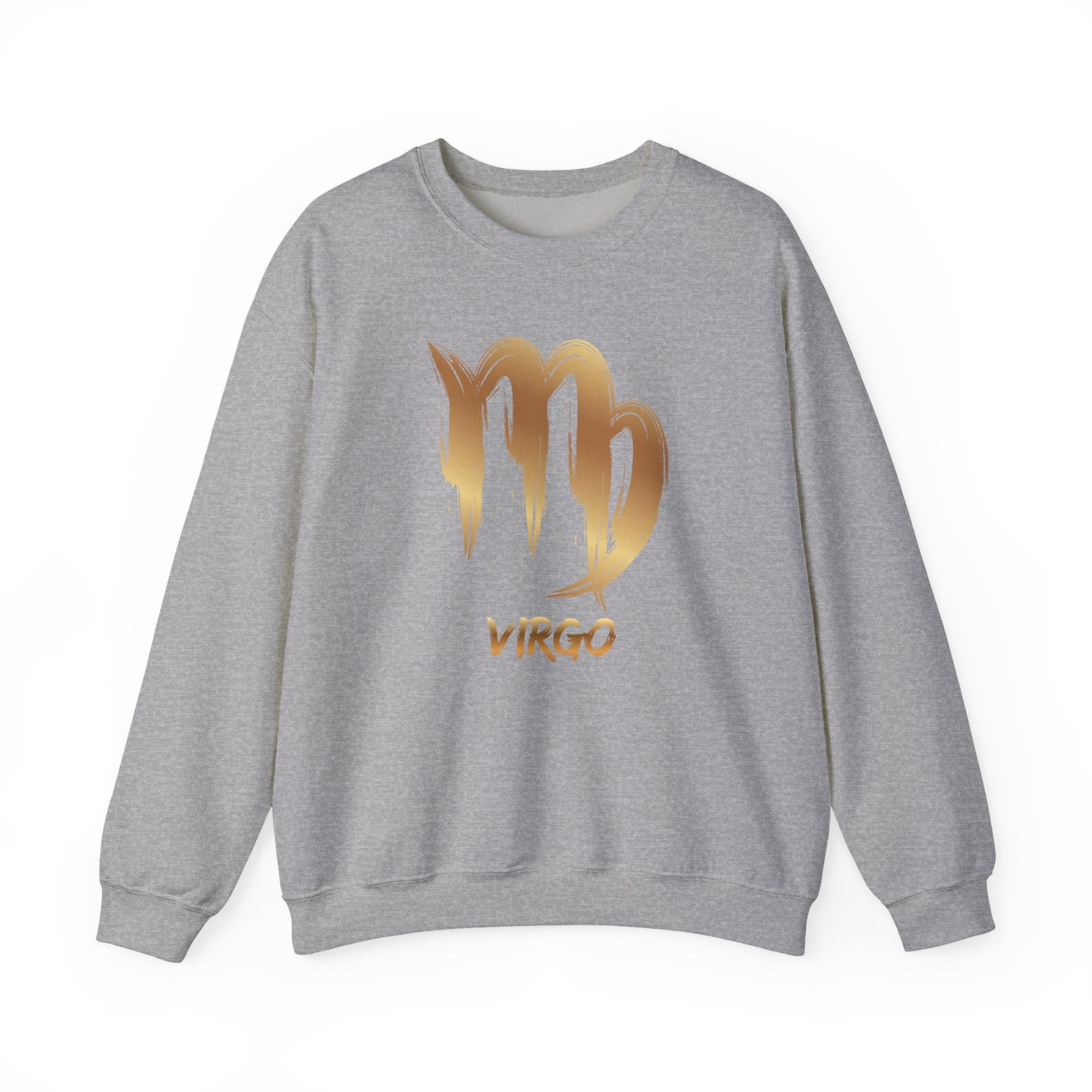 Gray sweatshirt with gold 'Virgo' zodiac sign on a white background