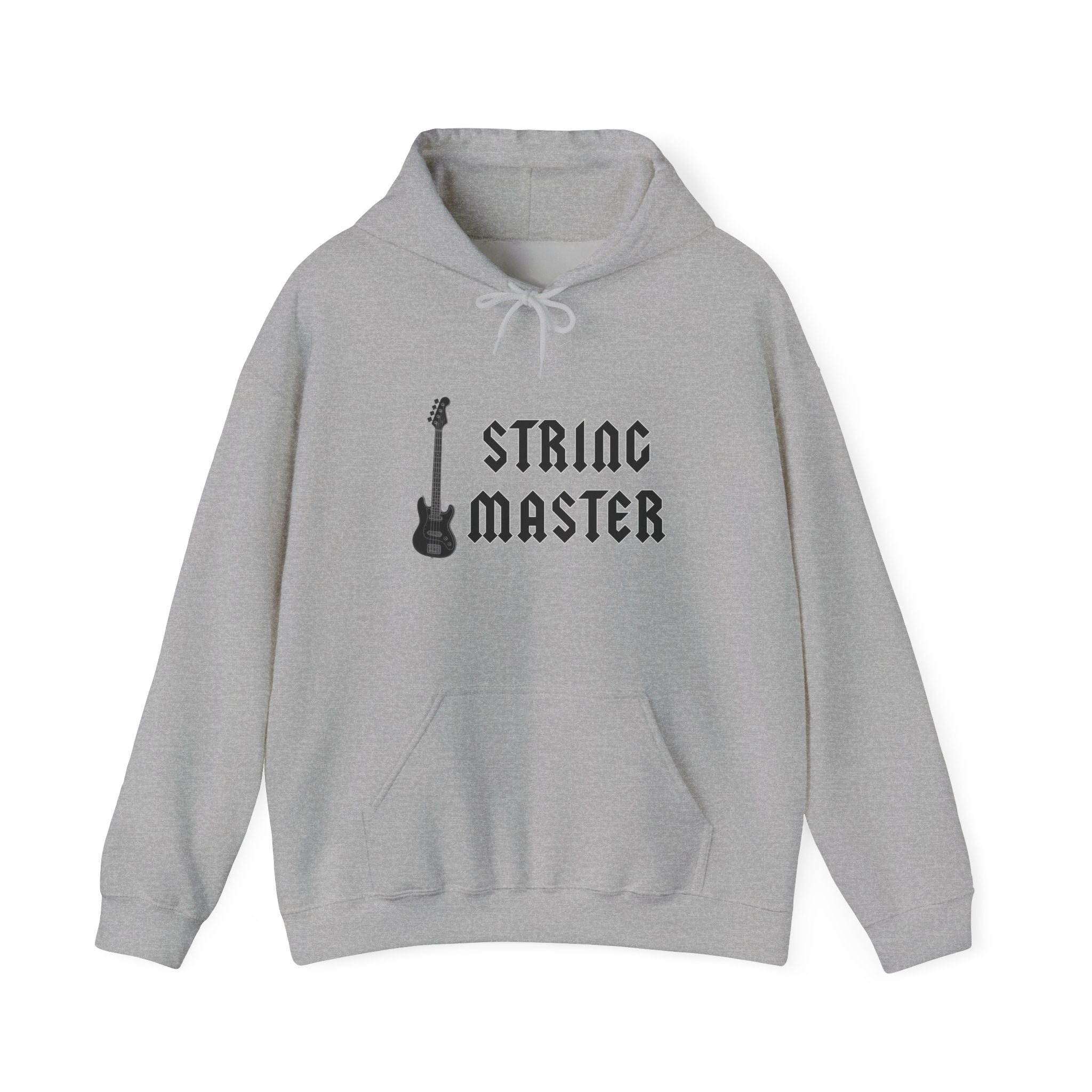 Gray hoodie with 'String Master' text and guitar graphic on a white background