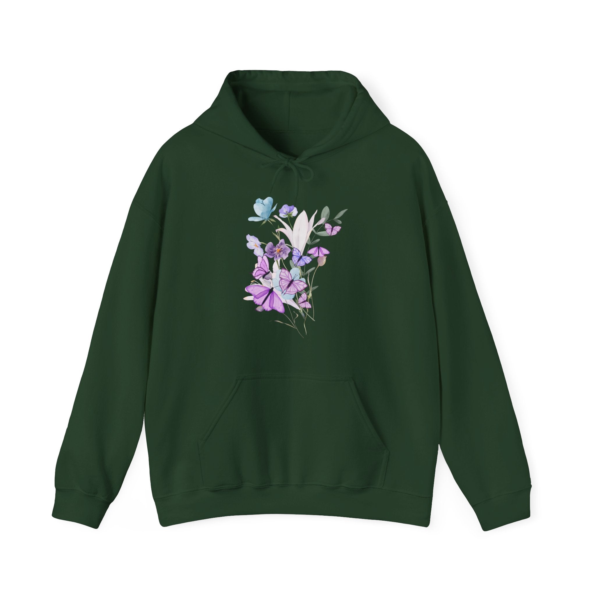 Green hoodie with a graphic of flowers and butterflies on a white background