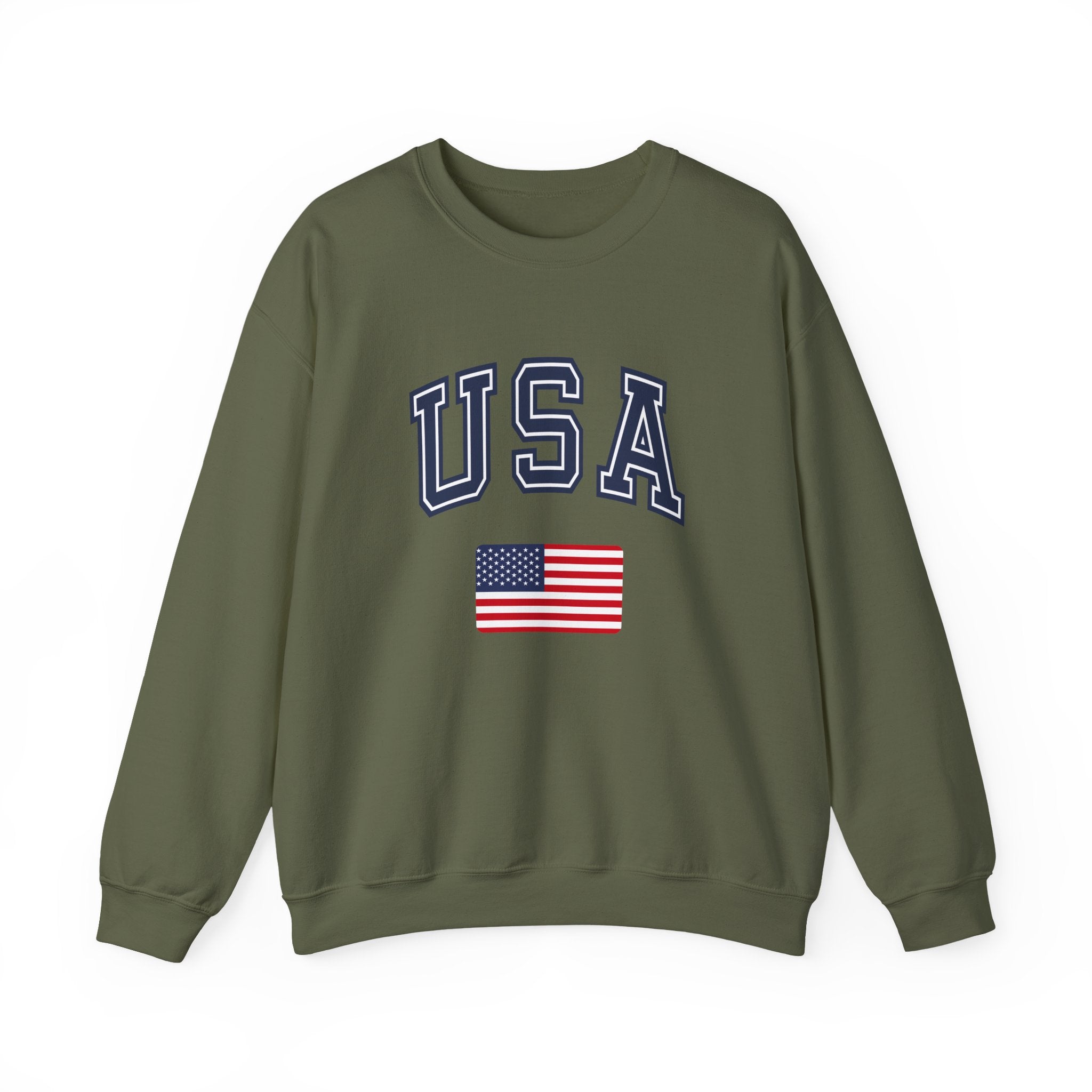 Green sweatshirt with 'USA' and American flag on a white background