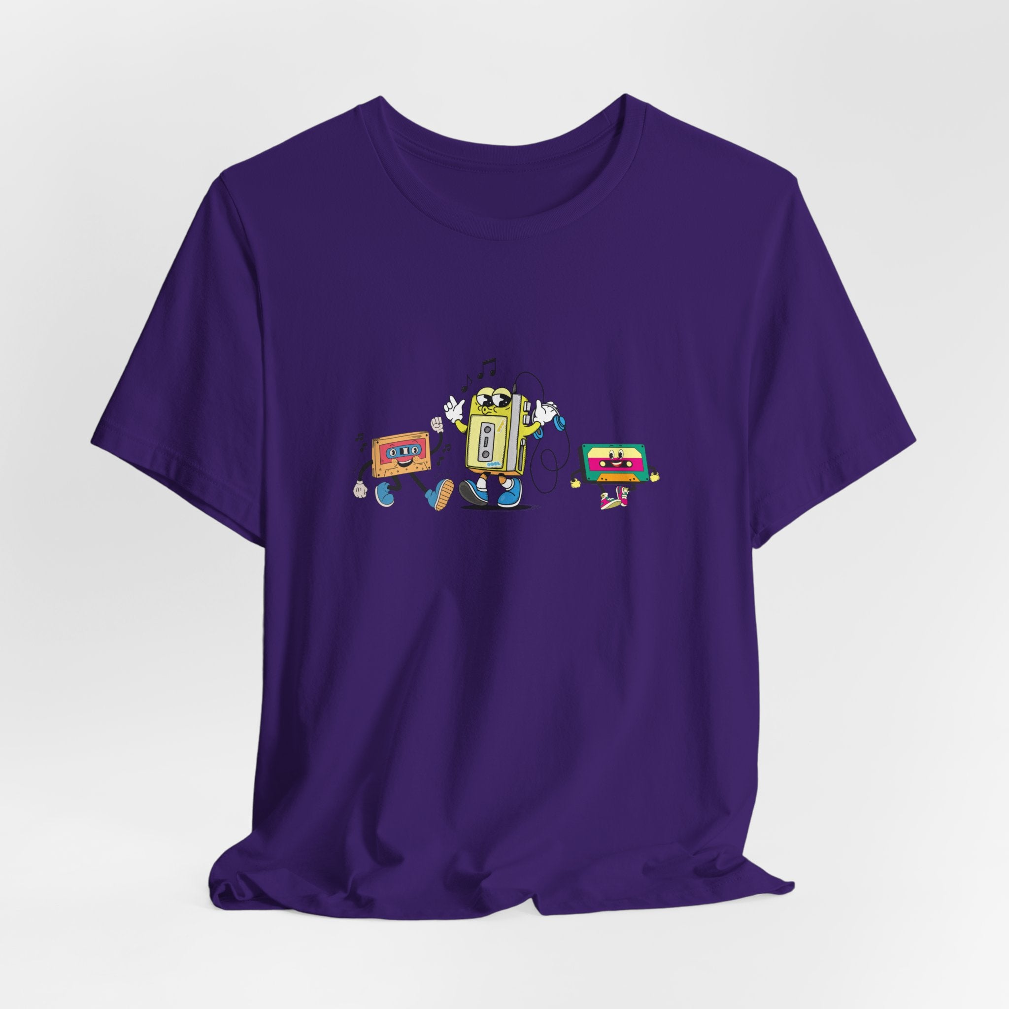 Purple t-shirt with a colorful robot design on a white background