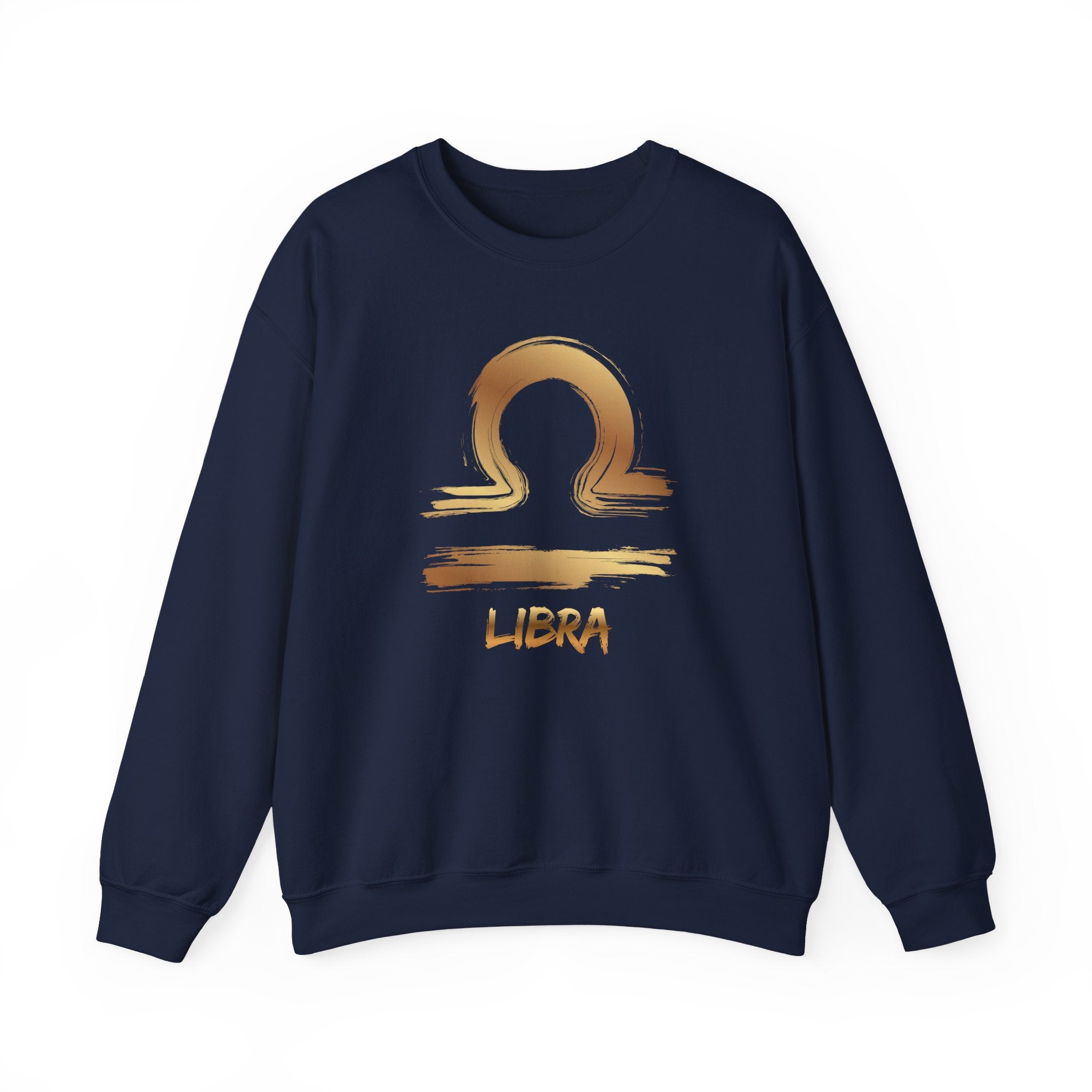Navy blue sweatshirt with gold Libra zodiac sign design on a white background