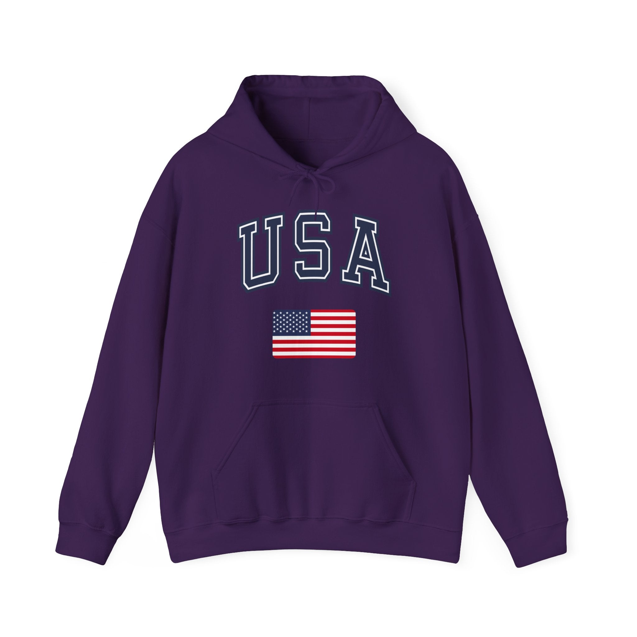 Purple hoodie with 'USA' text and American flag on a white background