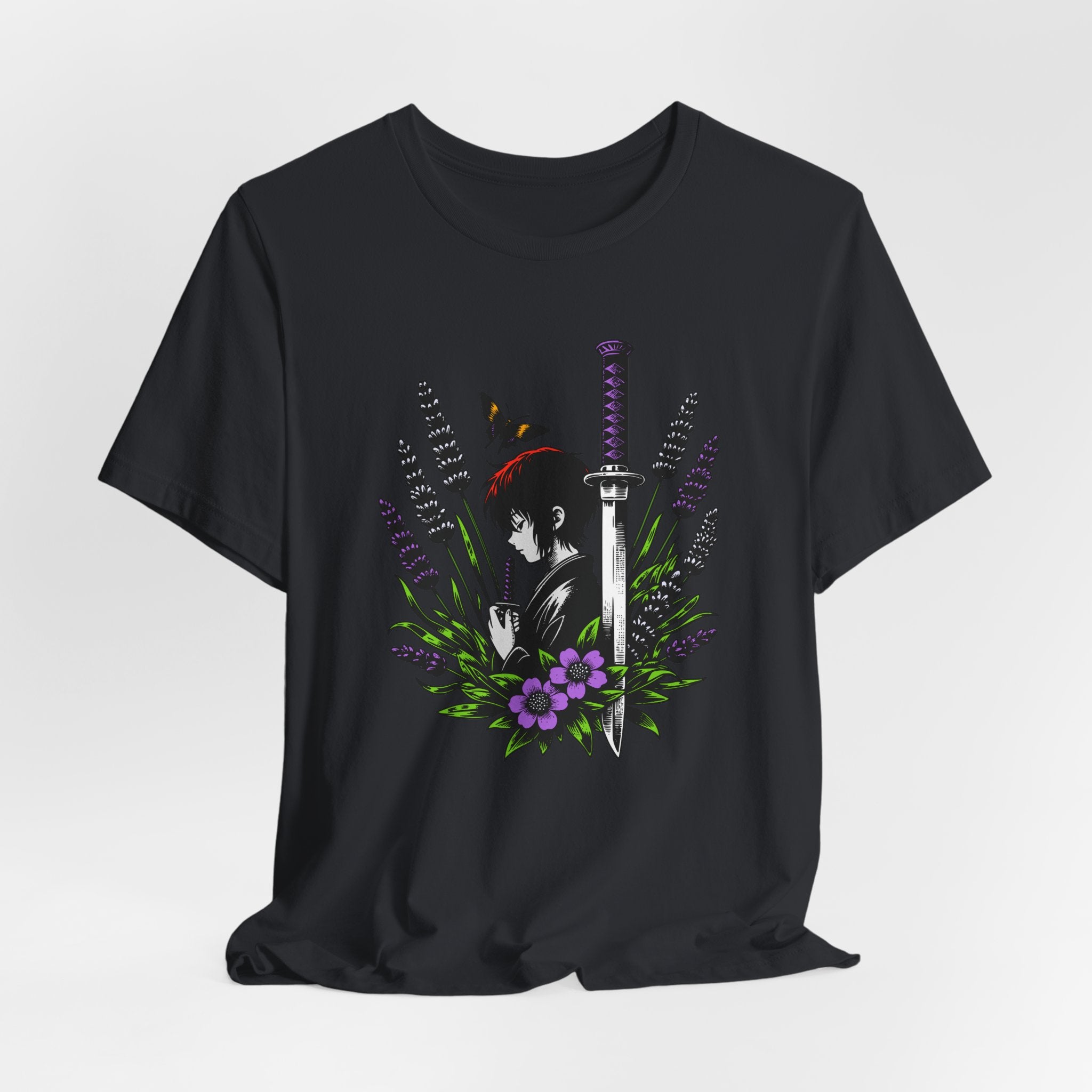 Black t-shirt with a sword and floral design on a white background