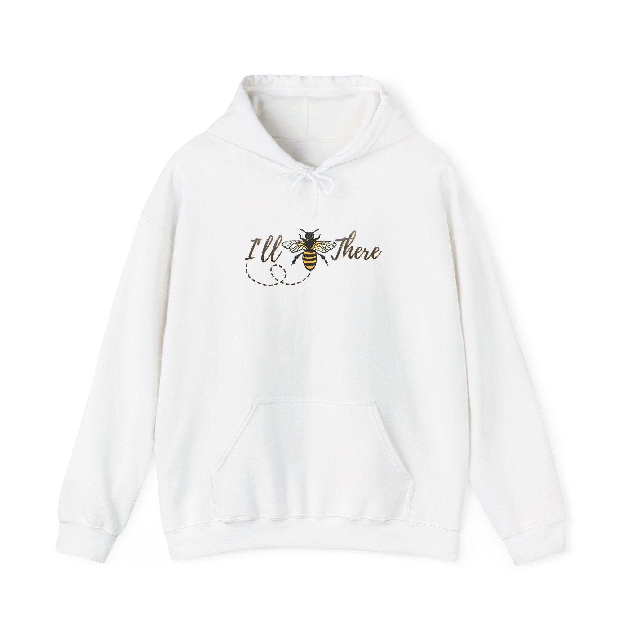 White hoodie with a bee and text  design on a white background