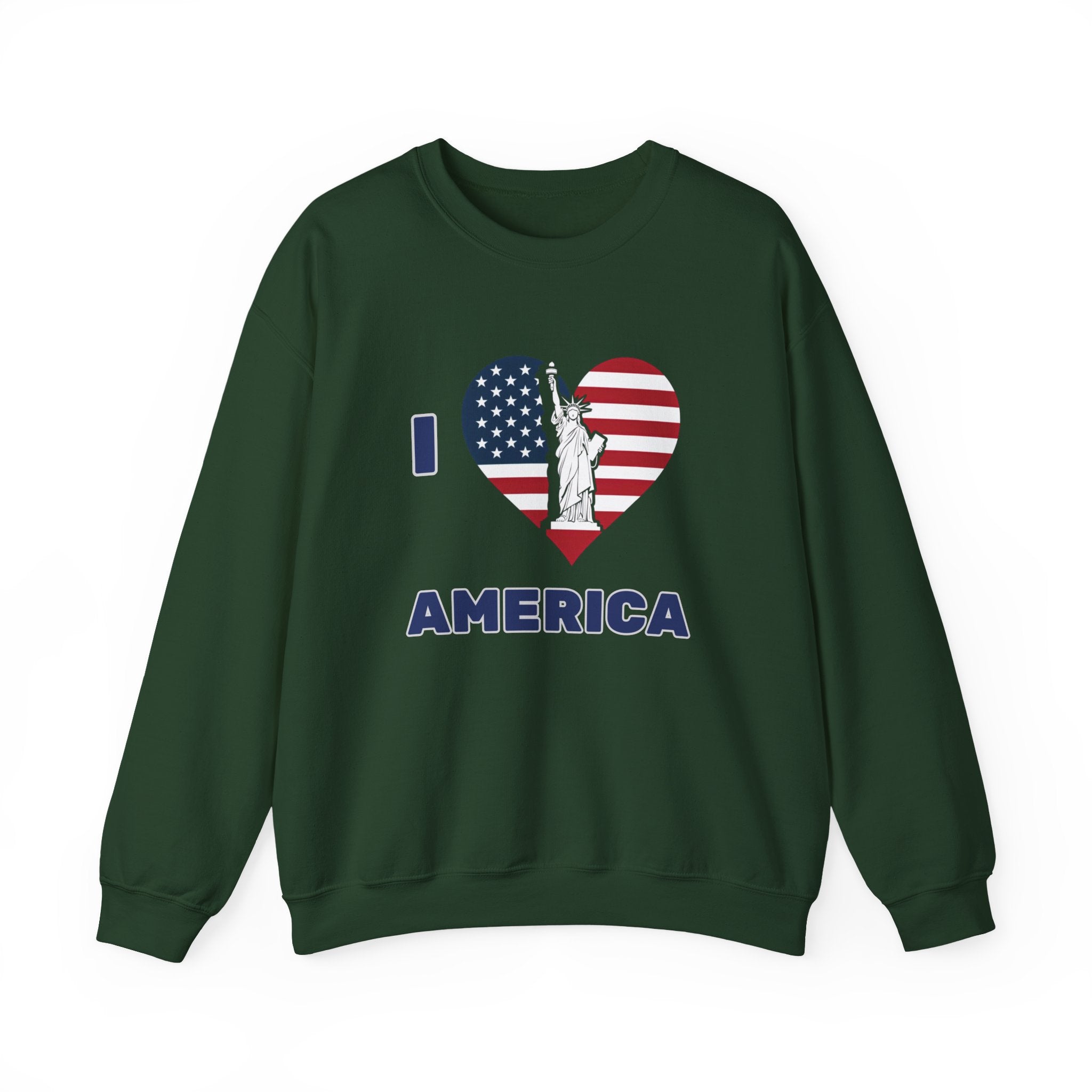 Green sweatshirt with 'I ❤️ AMERICA' design featuring the Statue of Liberty on a white background
