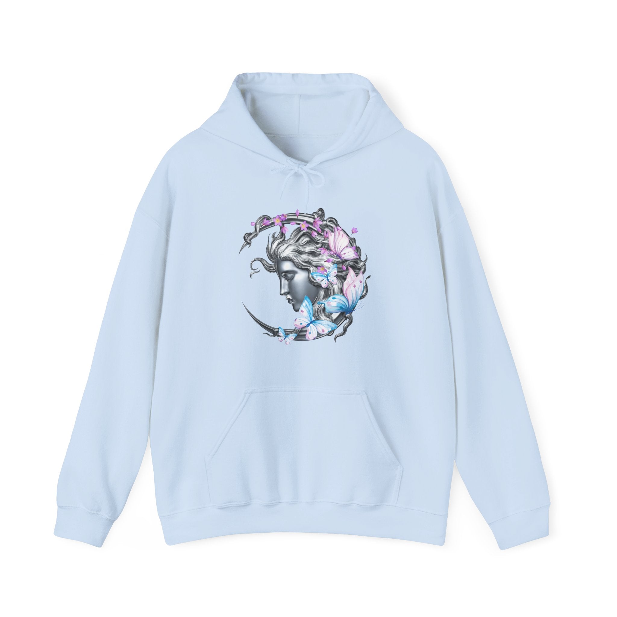 Light blue hoodie with a woman and flower design on a white background