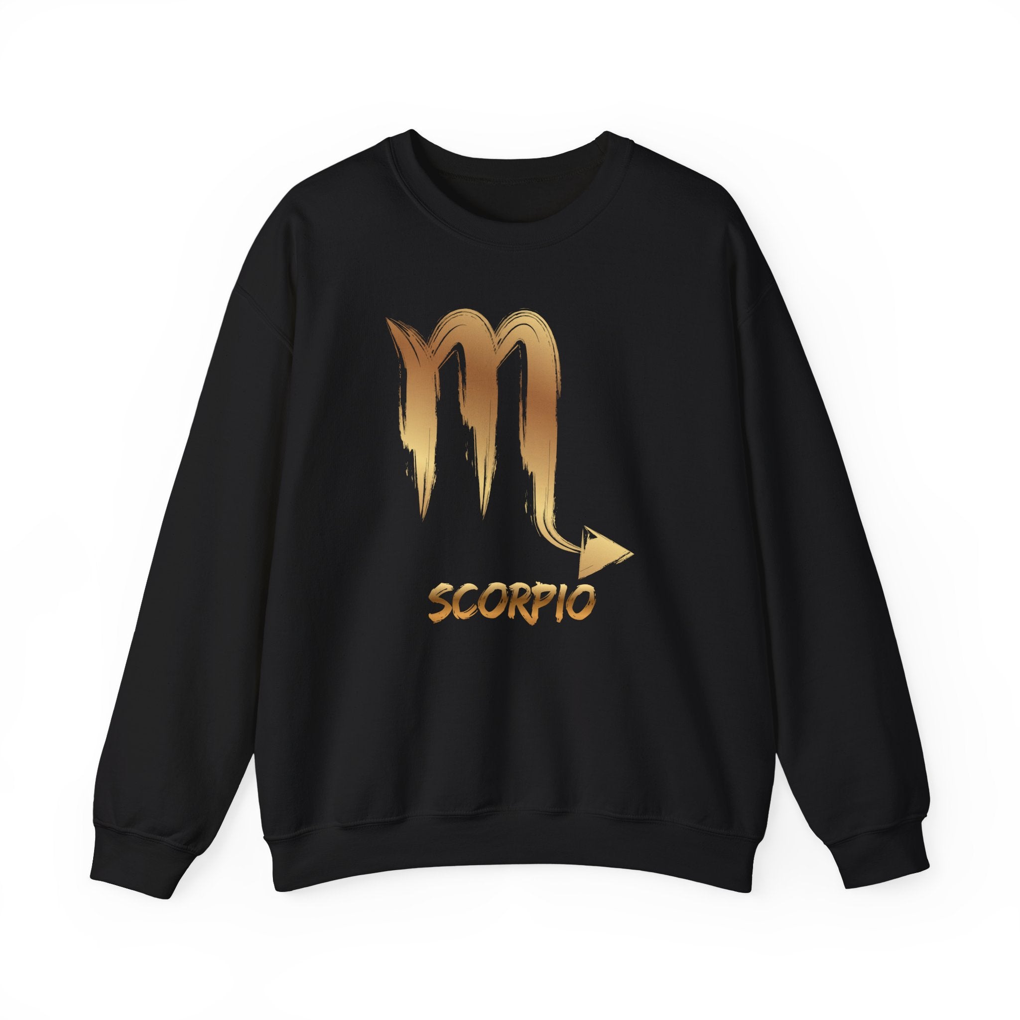 Black sweatshirt with gold Scorpio symbol and text on a white background