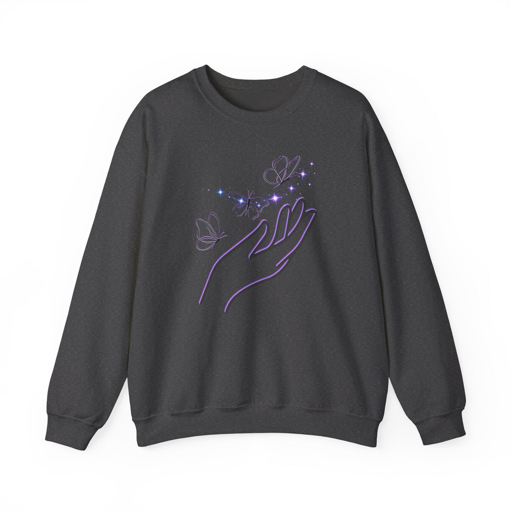 Dark gray sweatshirt with a hand holding butterflies design on a white background