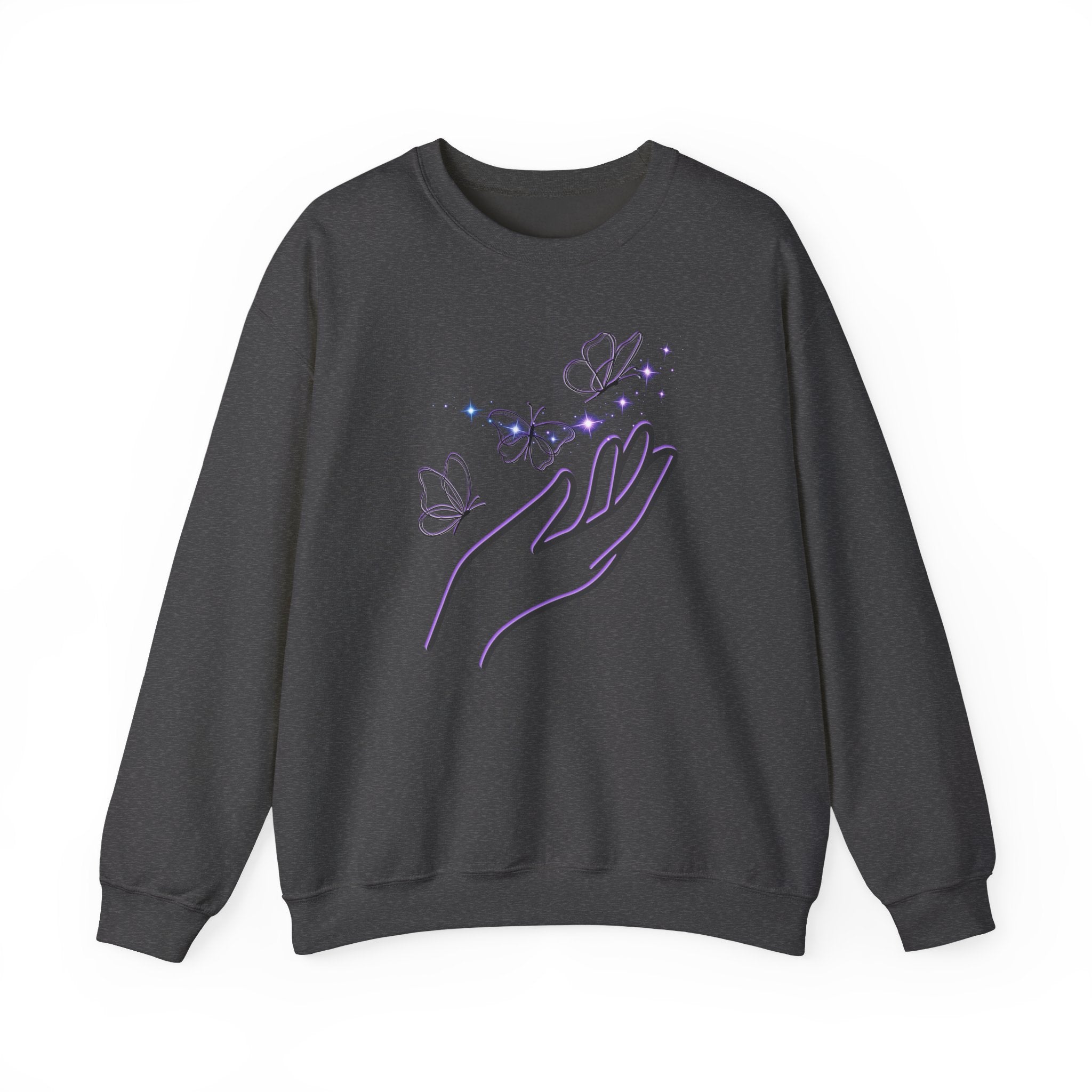 Dark gray sweatshirt with a hand holding butterflies design on a white background