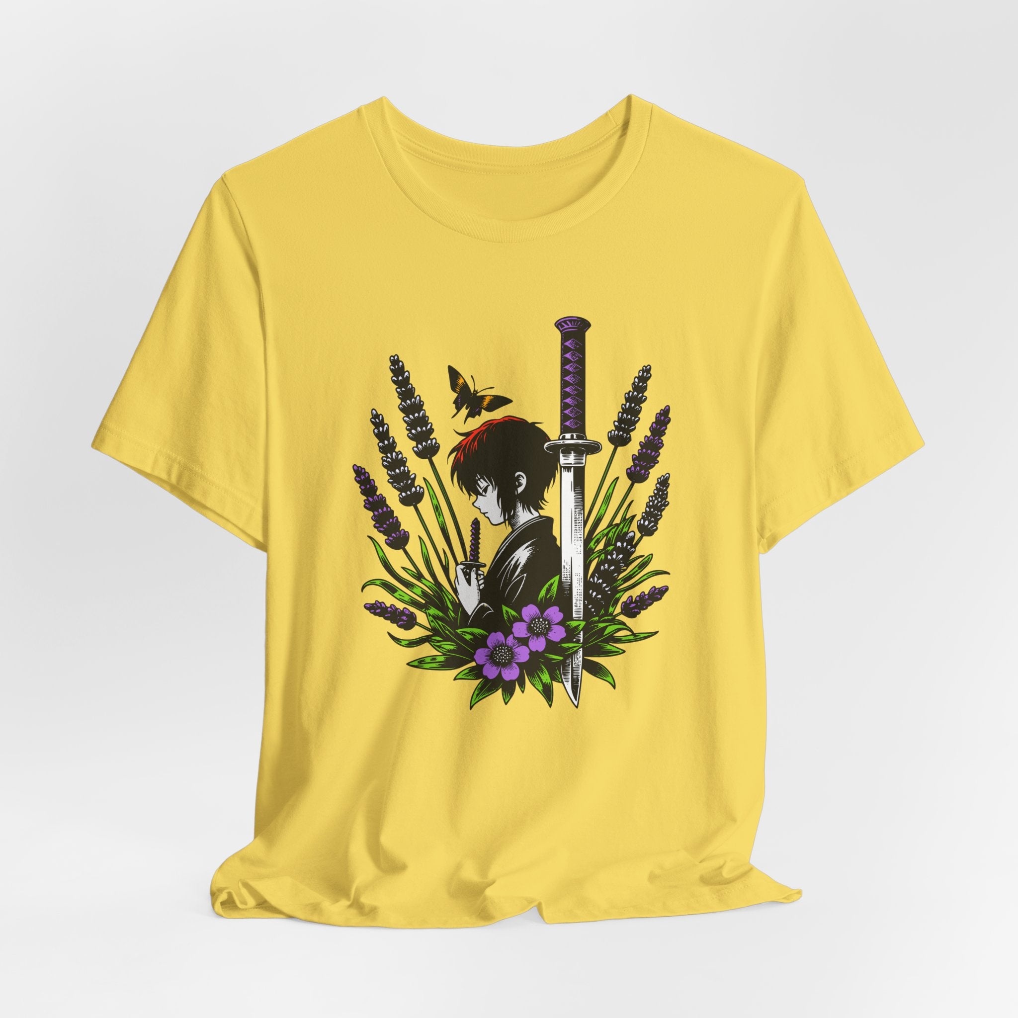 Yellow t-shirt with a graphic design of a person holding a sword among flowers on a white background