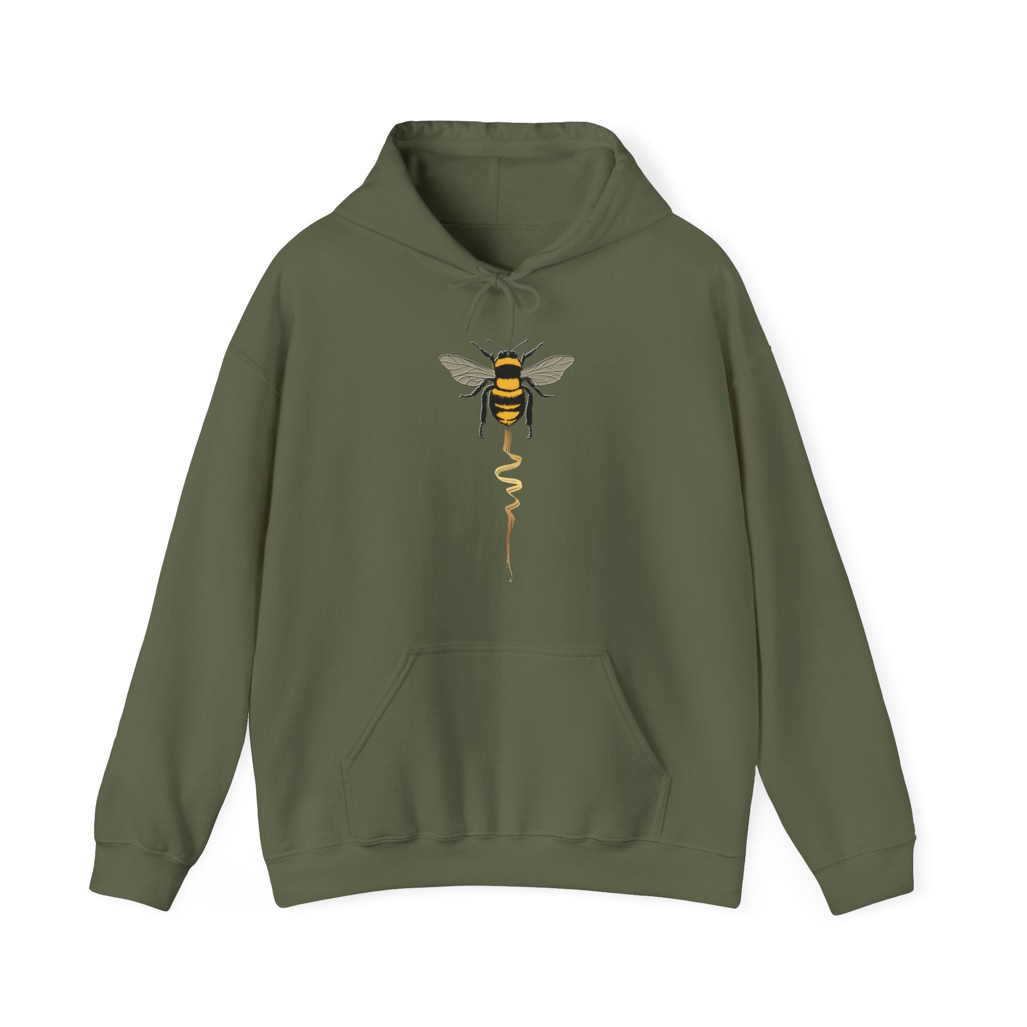 Military green hoodie with a bee design on a white background