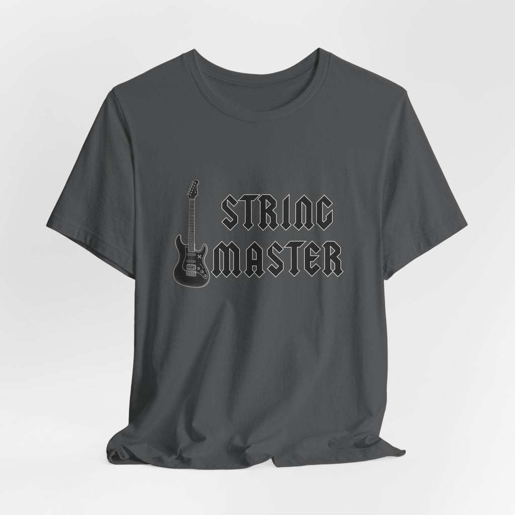 Gray t-shirt with "String Master" text and guitar graphic on a white background