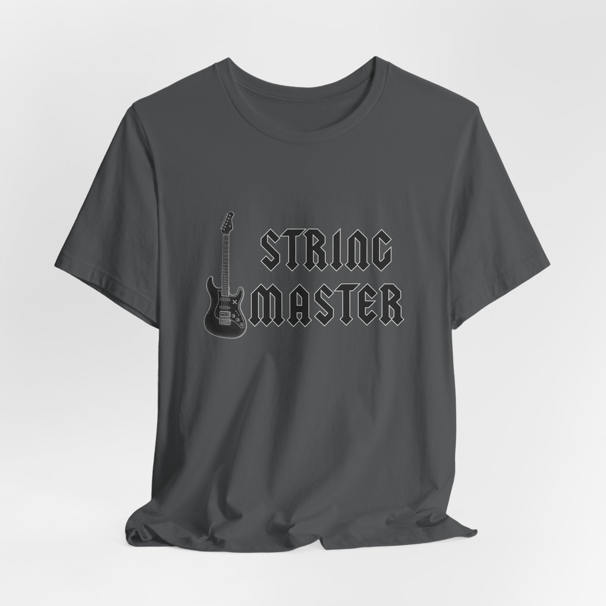 Gray t-shirt with "String Master" text and guitar graphic on a white background