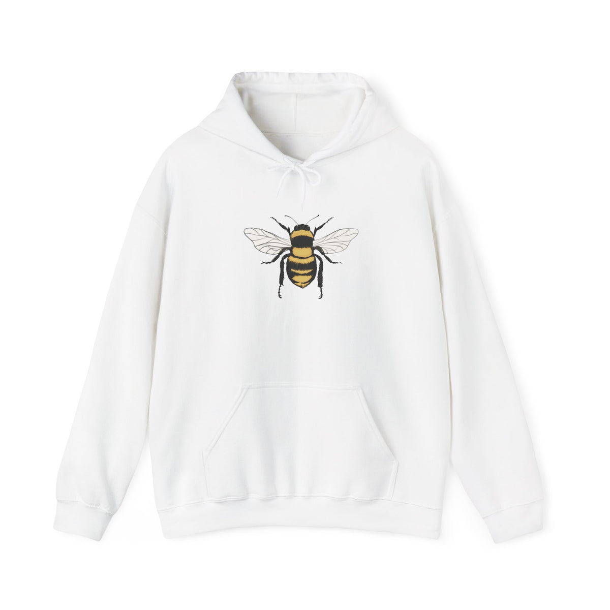 White hoodie with a bee design on a white background
