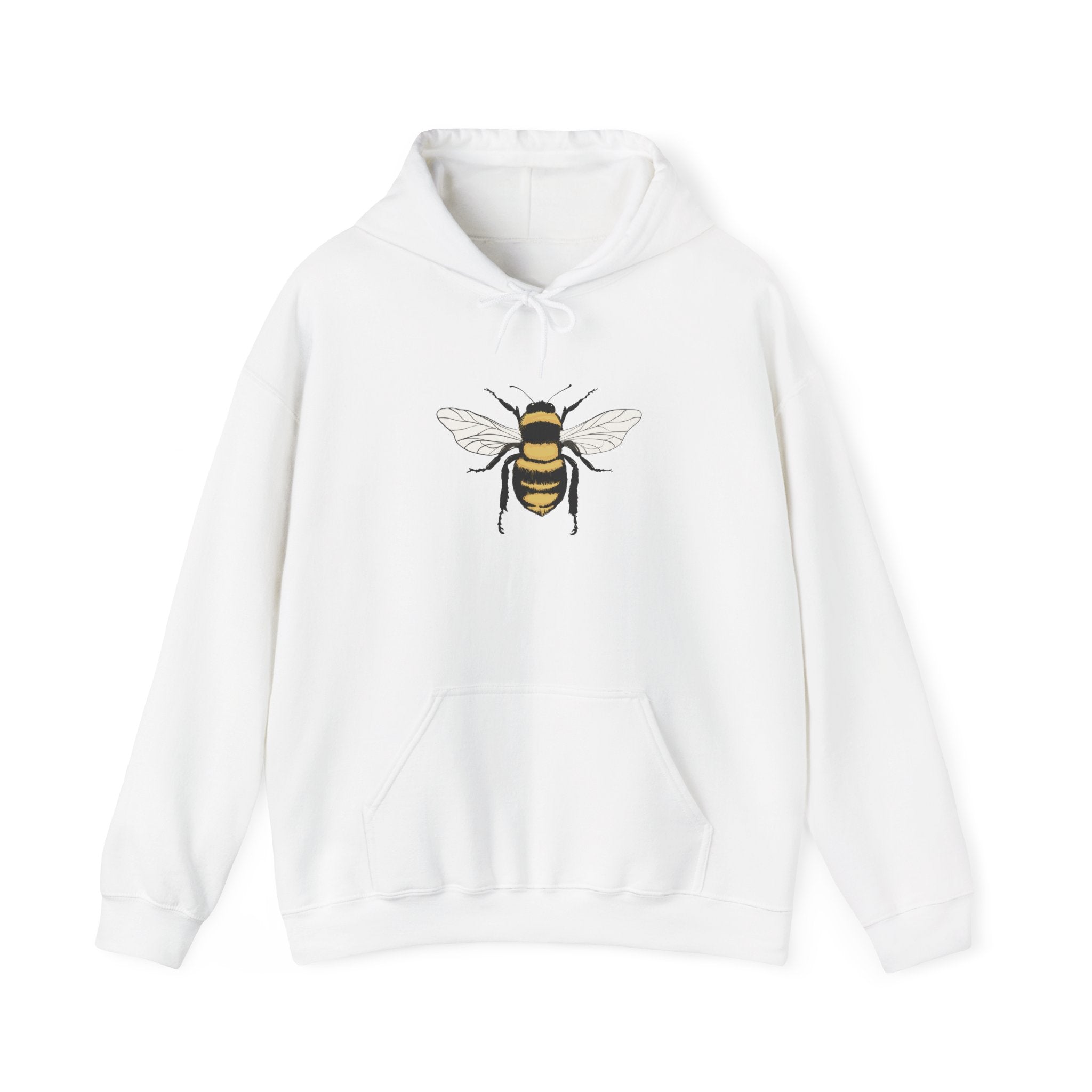 White hoodie with a bee design on a white background