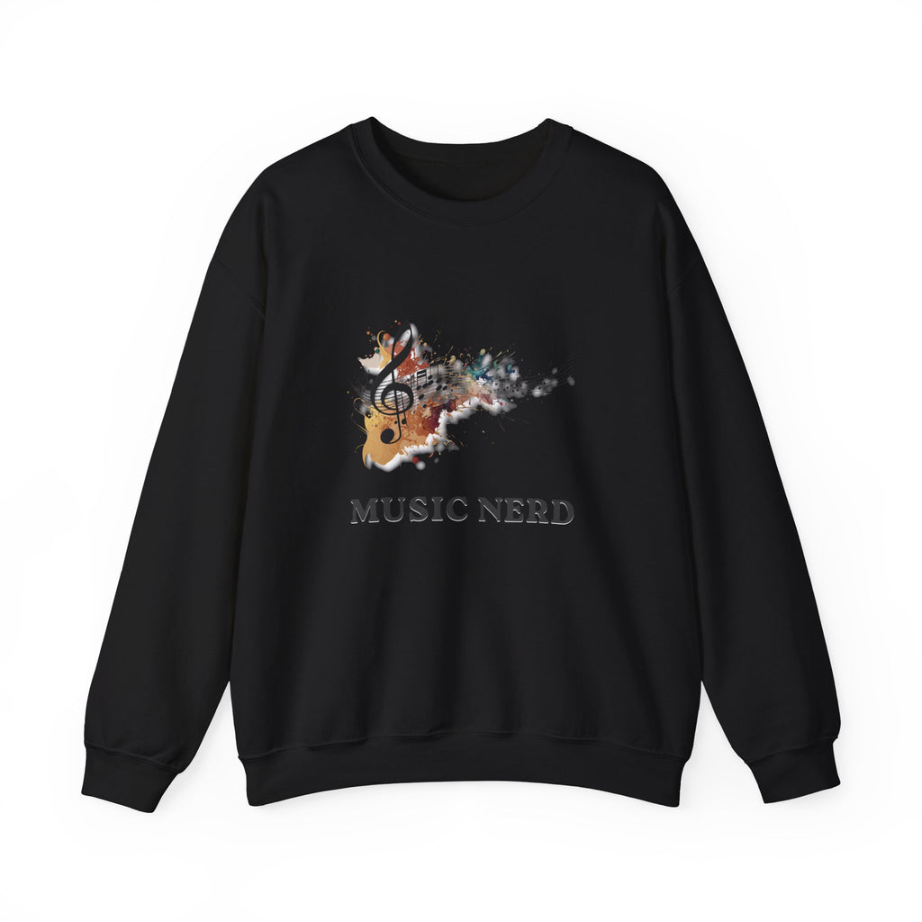 Black sweatshirt with a colorful graphic and 'Music Nerd' text on a white background