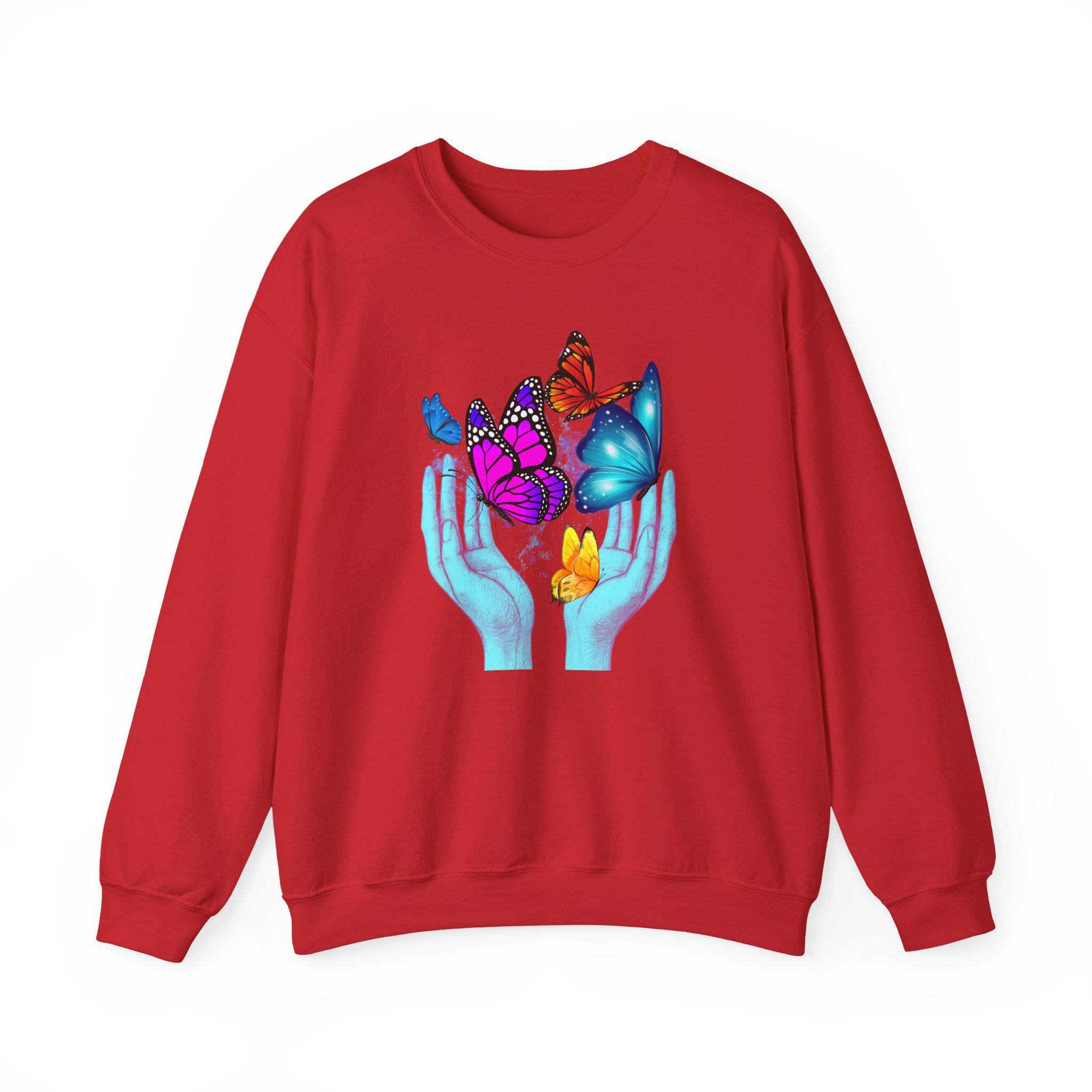 Red sweatshirt with colorful butterfly design on a white background