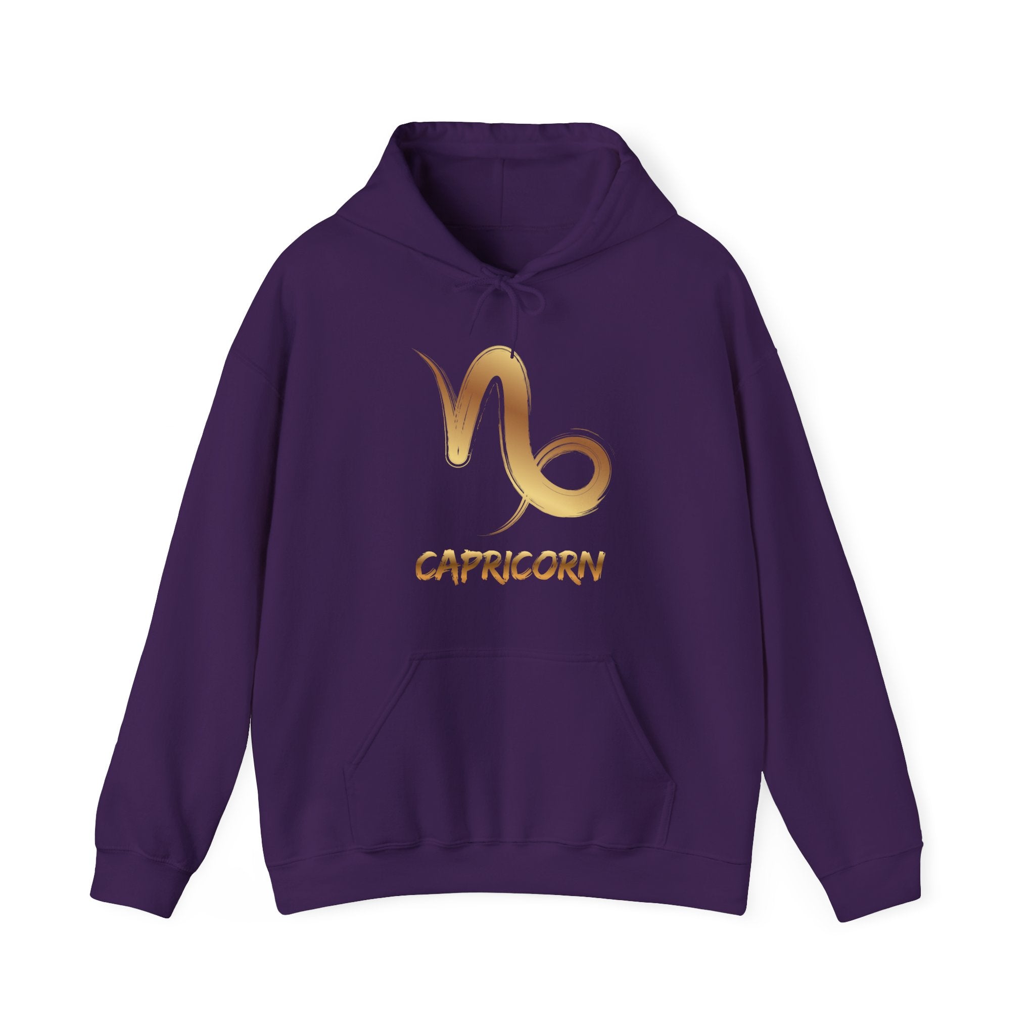 Purple hoodie with gold Capricorn zodiac symbol on a white background