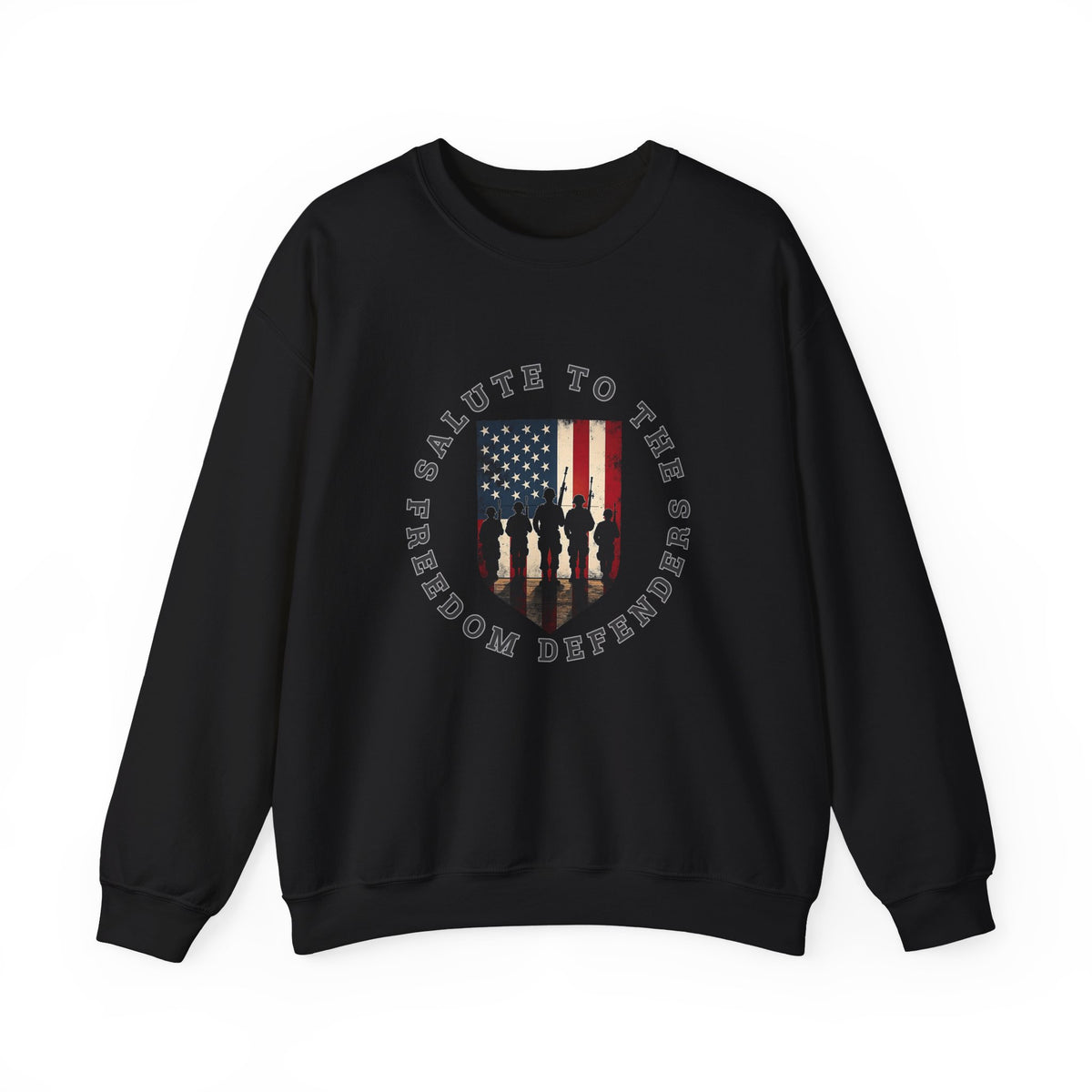 Black sweatshirt with American flag and text design on a white background