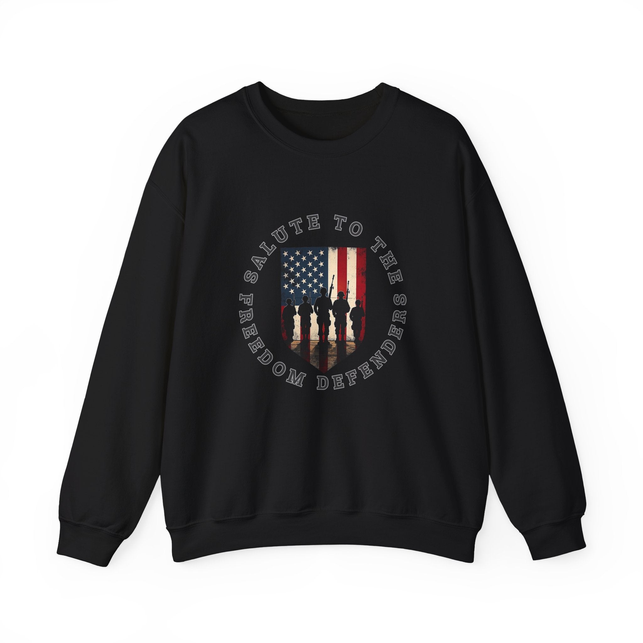 Black sweatshirt with American flag and text design on a white background