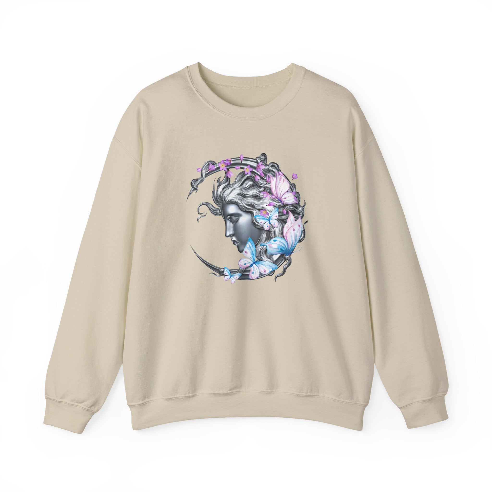 Beige sweatshirt with a graphic design of a woman's face surrounded by butterflies on a white background