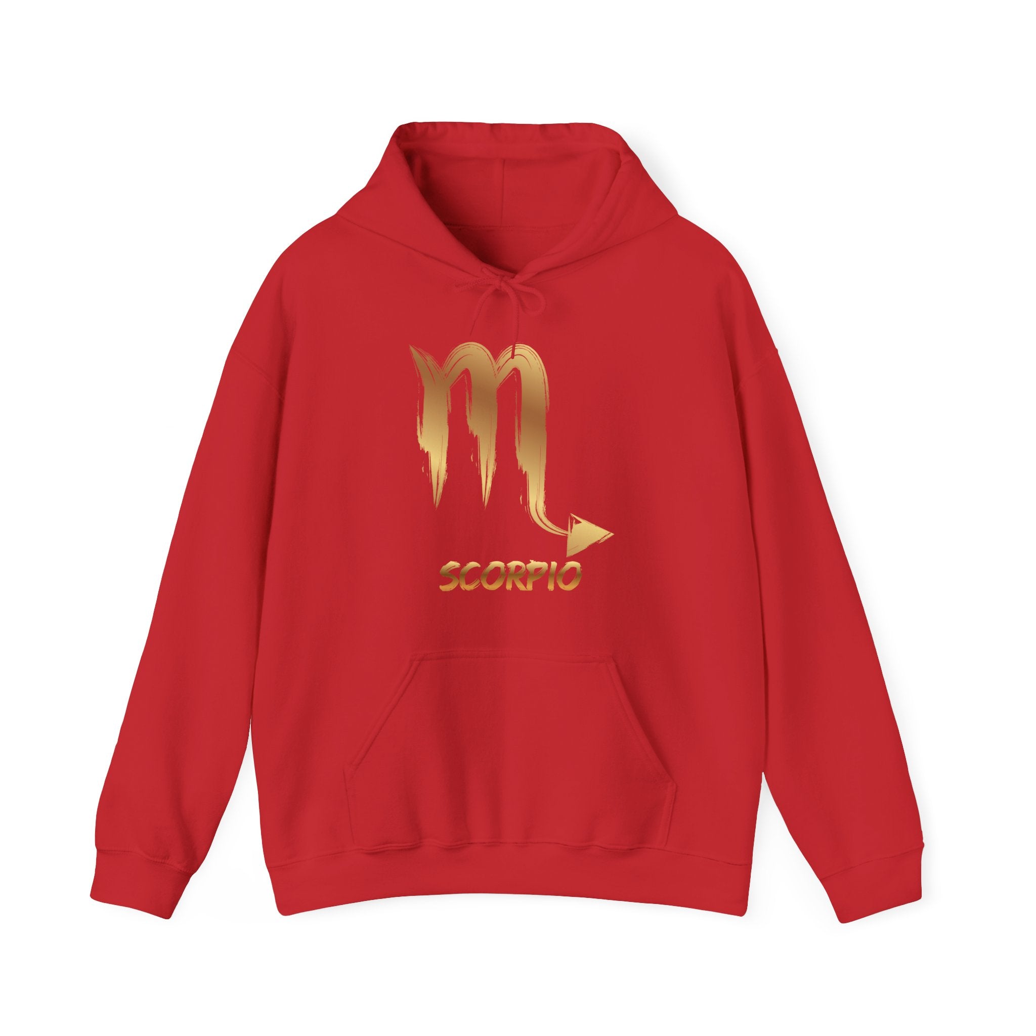 Red hoodie with gold Scorpio symbol and text on a white background