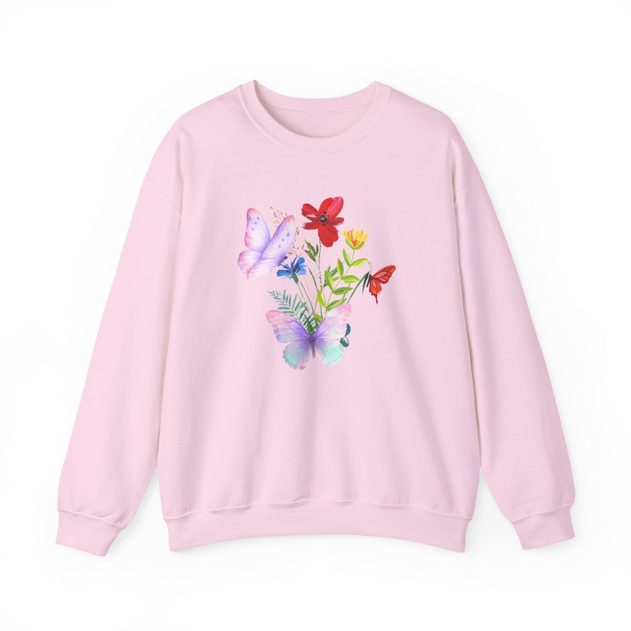 Pink sweatshirt with floral and butterfly design on a white background
