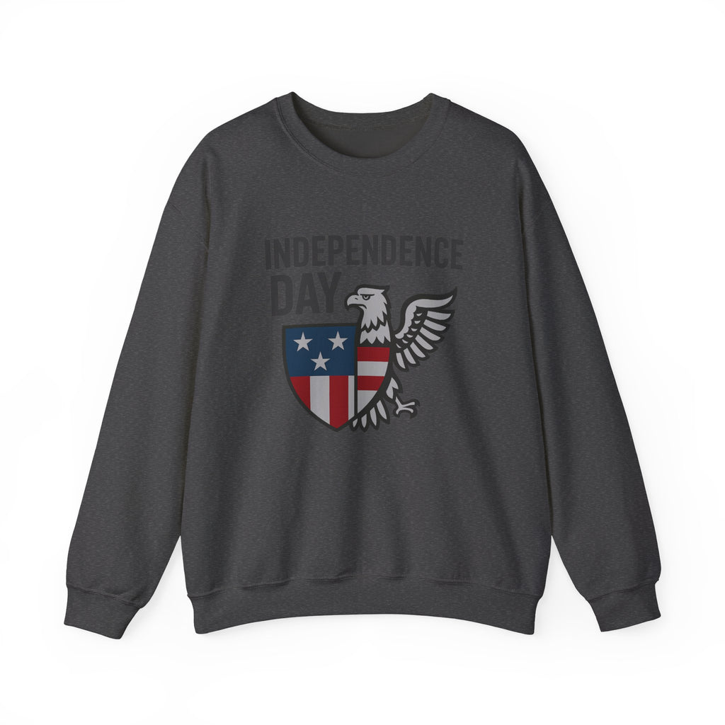 Gray sweatshirt with 'Independence Day' design featuring an eagle and shield on a white background
