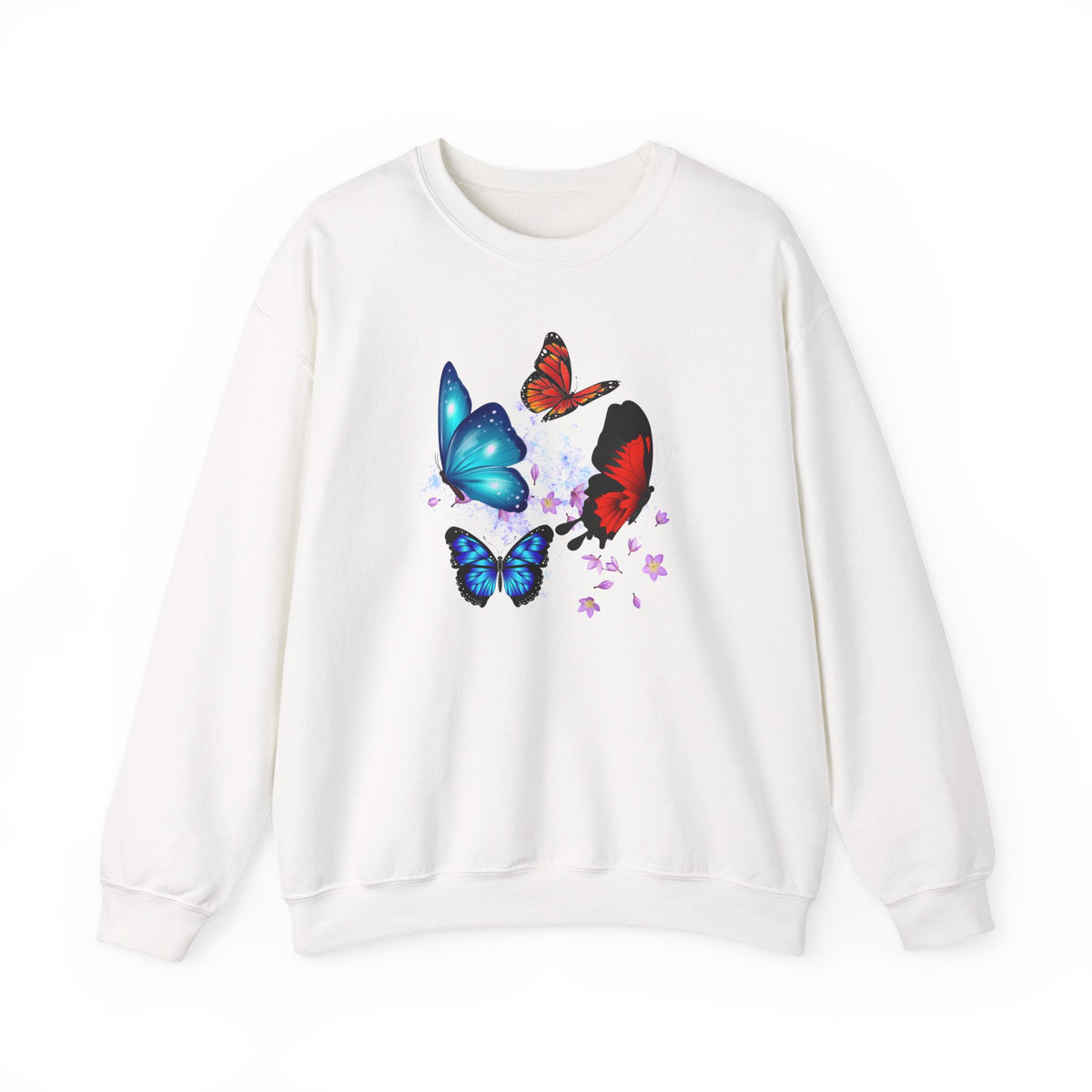 White sweatshirt with colorful butterfly design on a white background