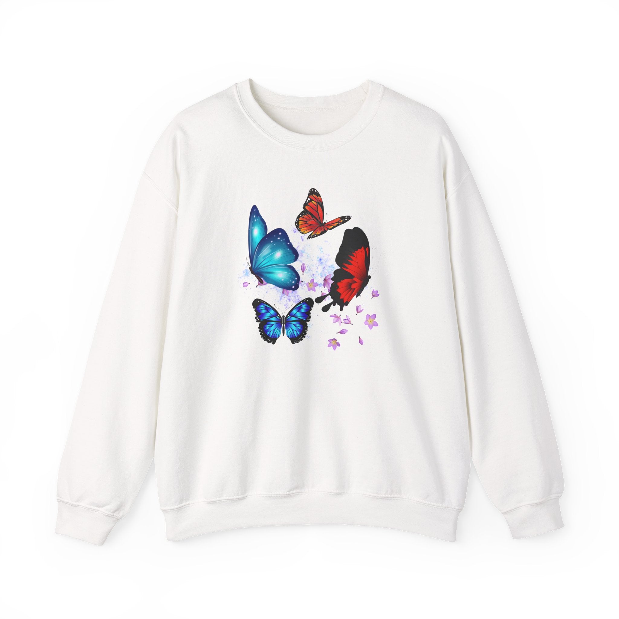 White sweatshirt with colorful butterfly design on a white background
