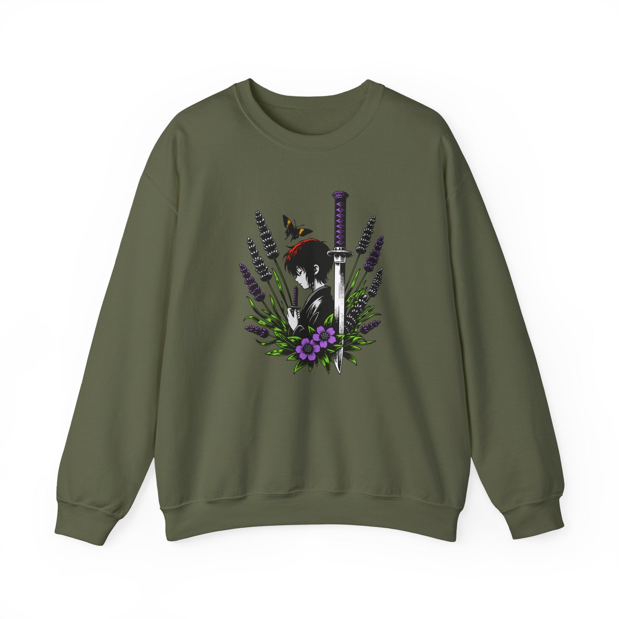 Green sweatshirt with a manga, butterfly, and sword design on a white background