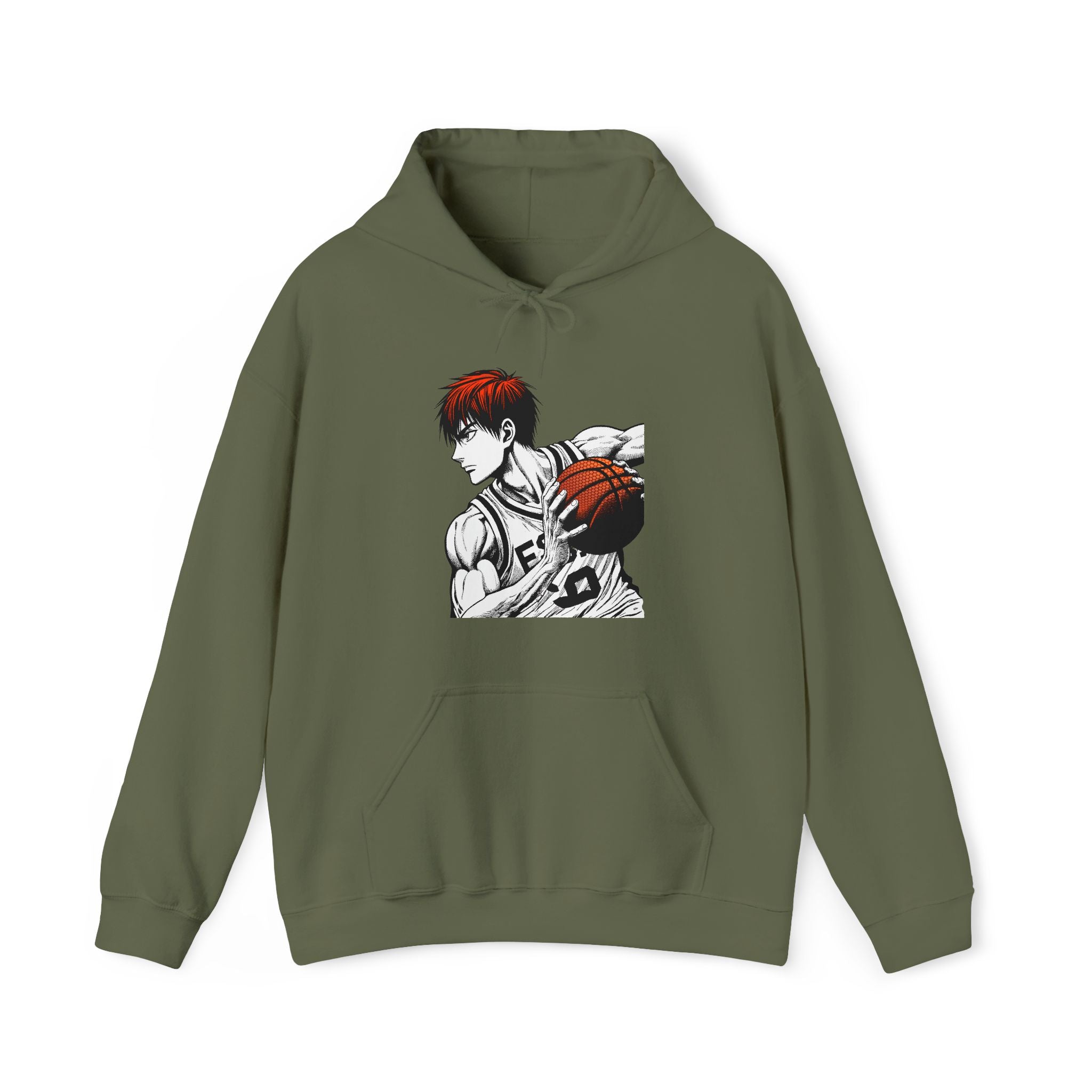 Green hoodie with an graphic design of a person holding a basketball on a white background
