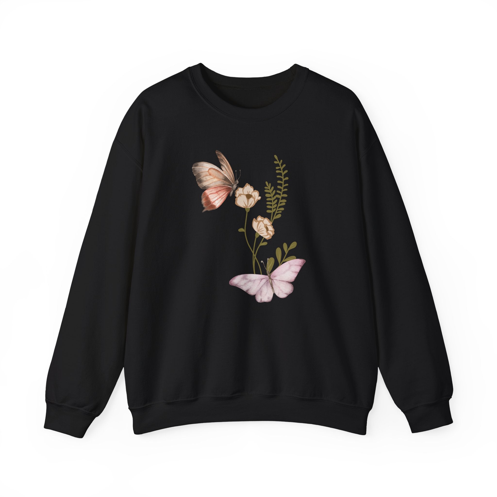 Black sweatshirt with butterfly and floral design on a white background