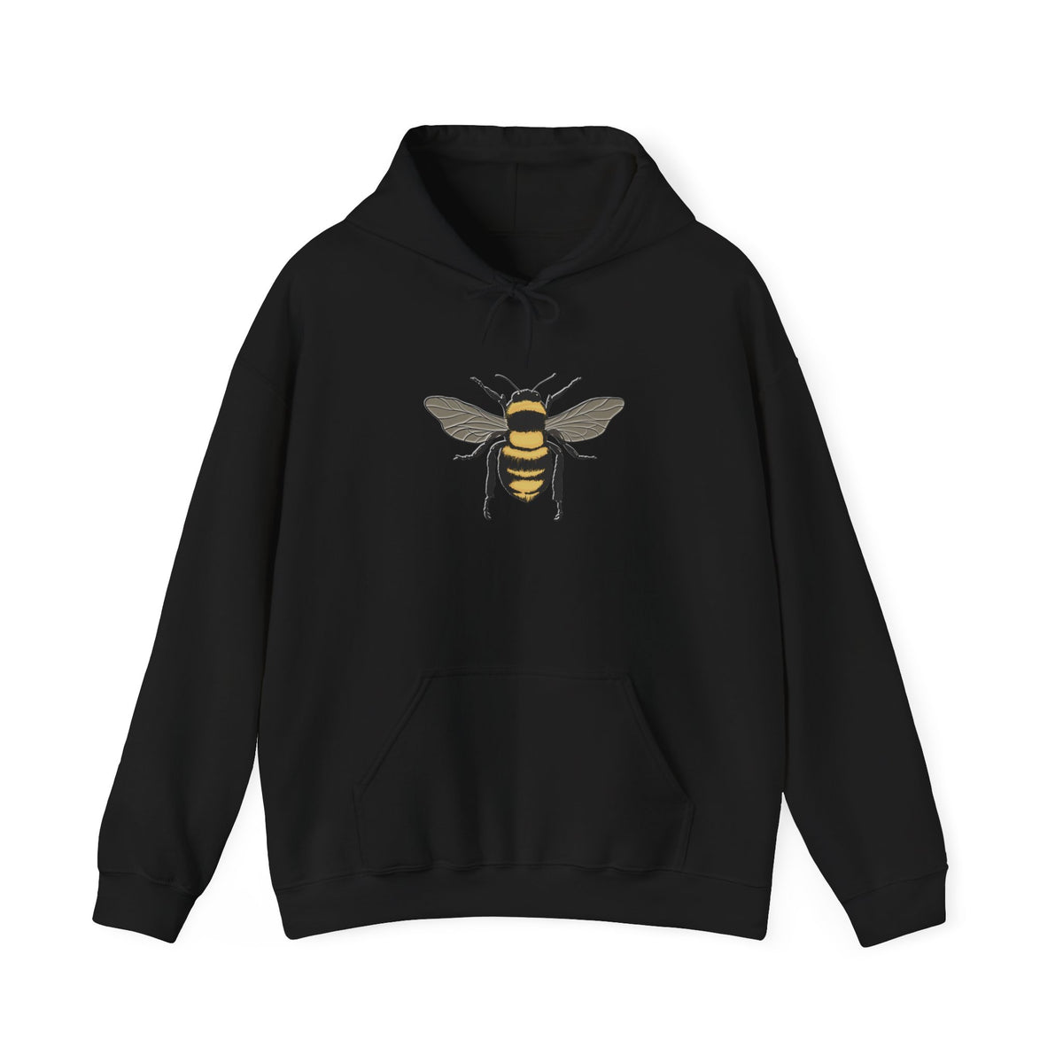 Black hoodie with a bee design on a white background