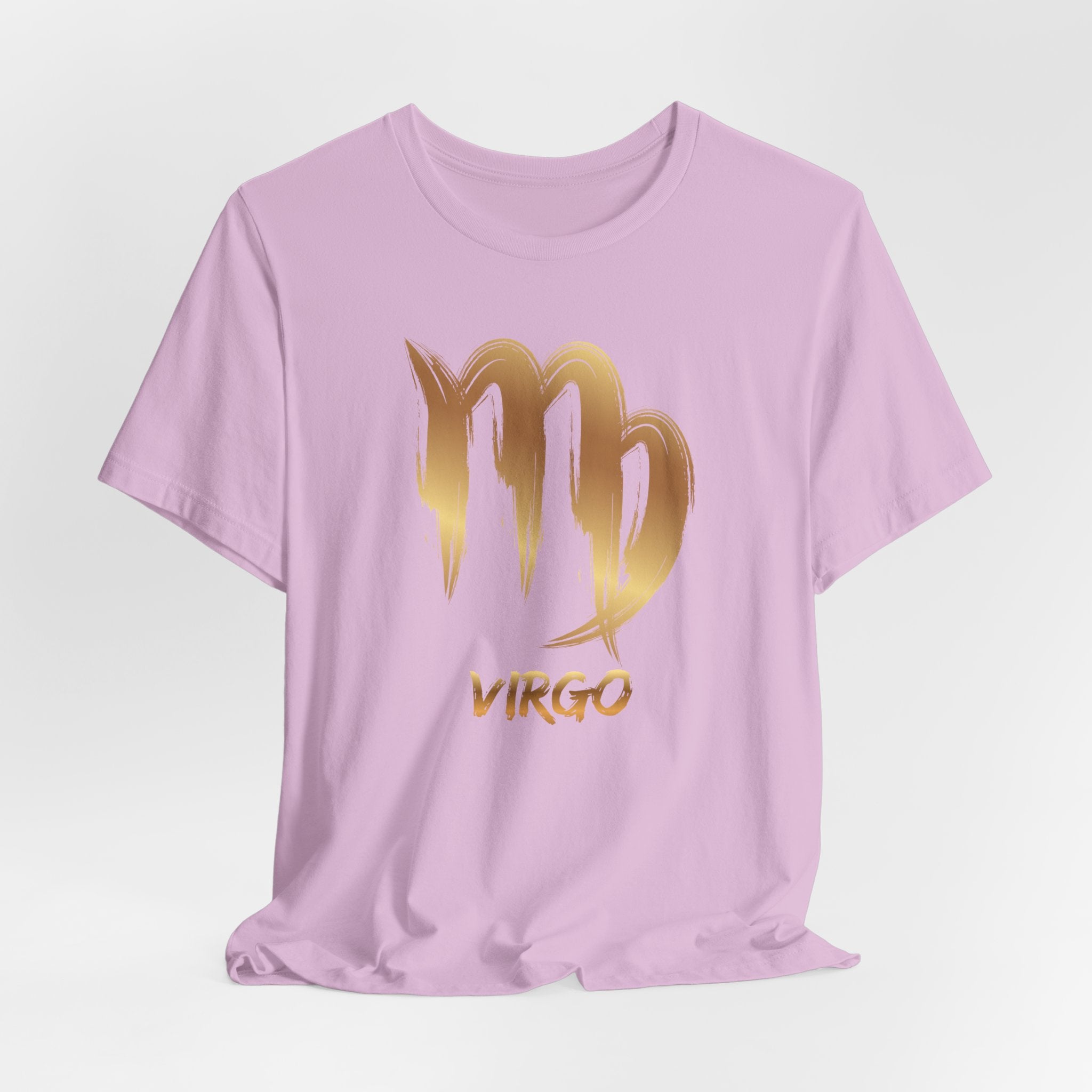 Pink t-shirt with gold Virgo zodiac sign on a white background