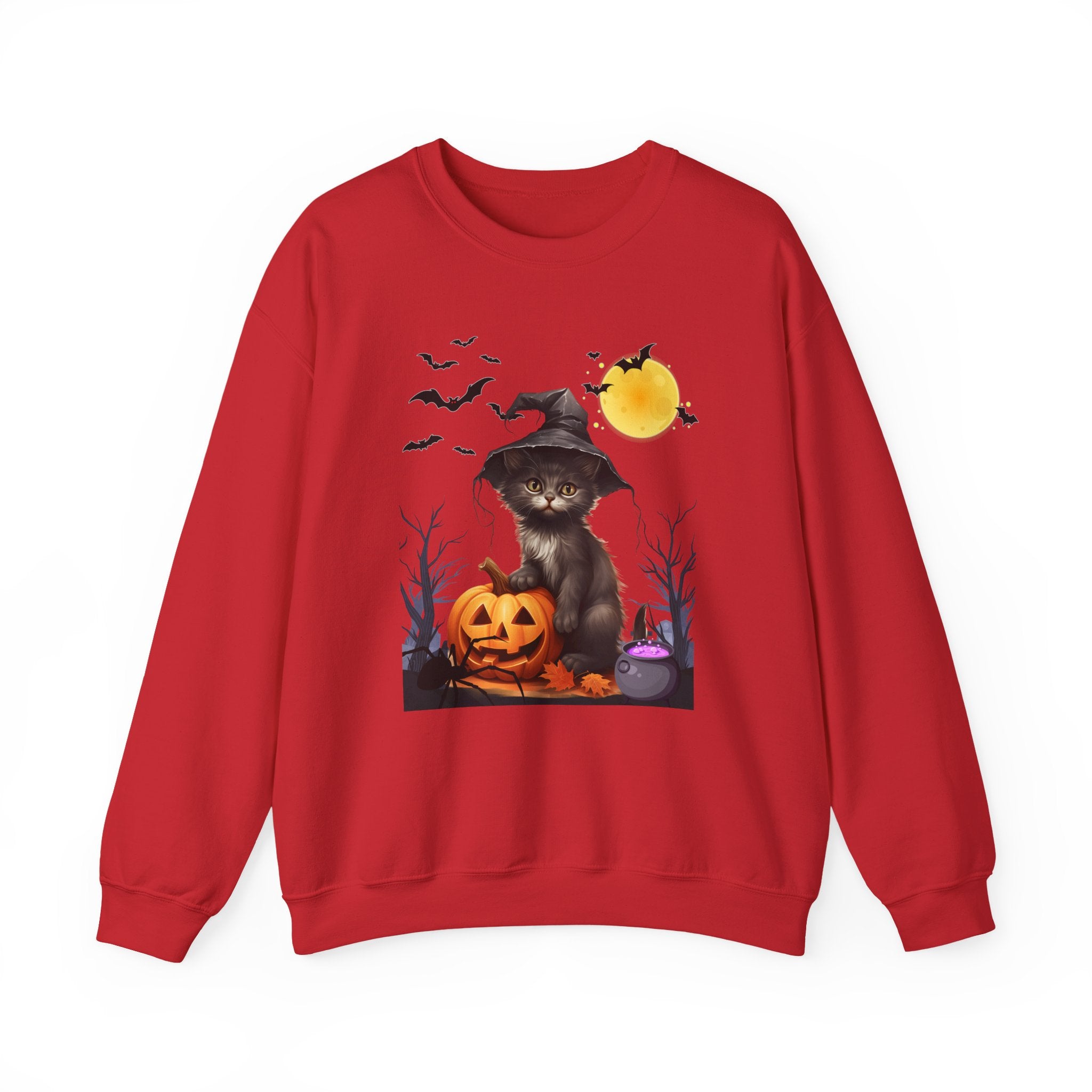 Red sweatshirt with a Halloween-themed design featuring a cat in a witch hat and pumpkin.