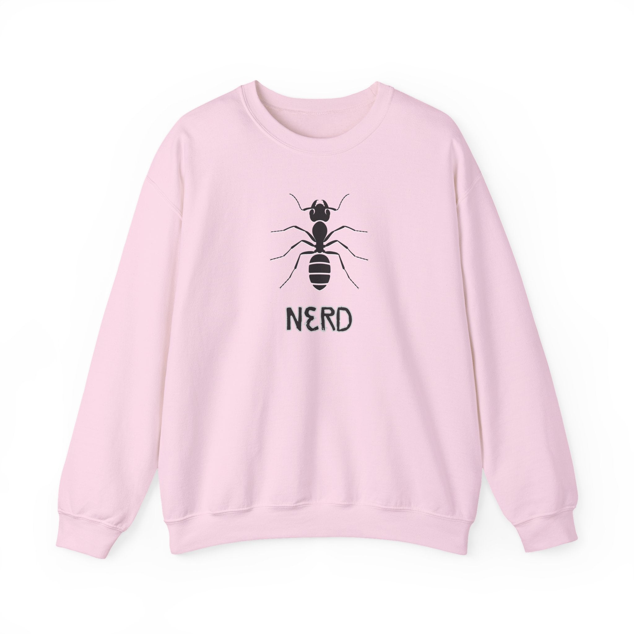 Pink sweatshirt with ant and 'NERD' text design on a white background