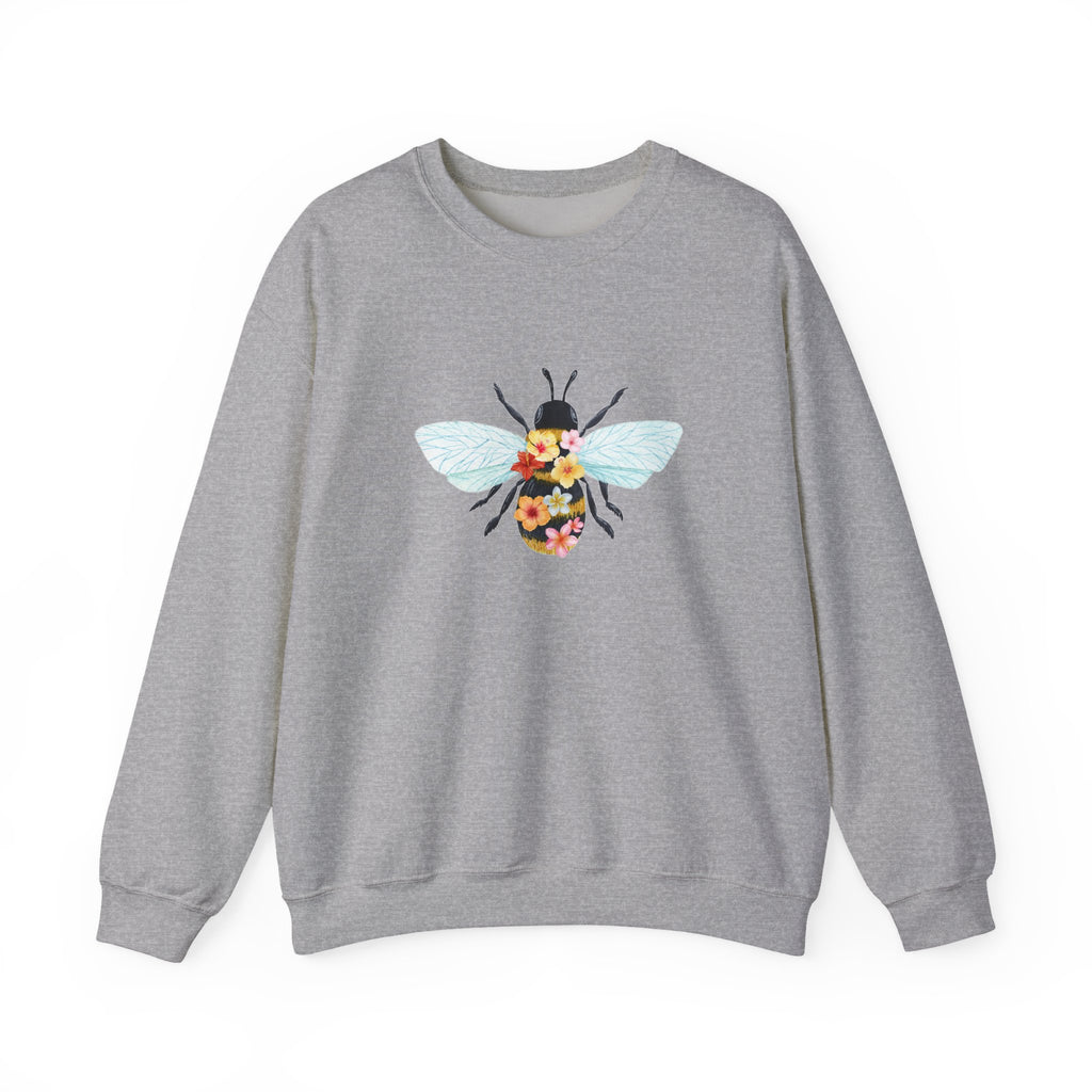 Gray sweatshirt with bee and flower pattern on a white background