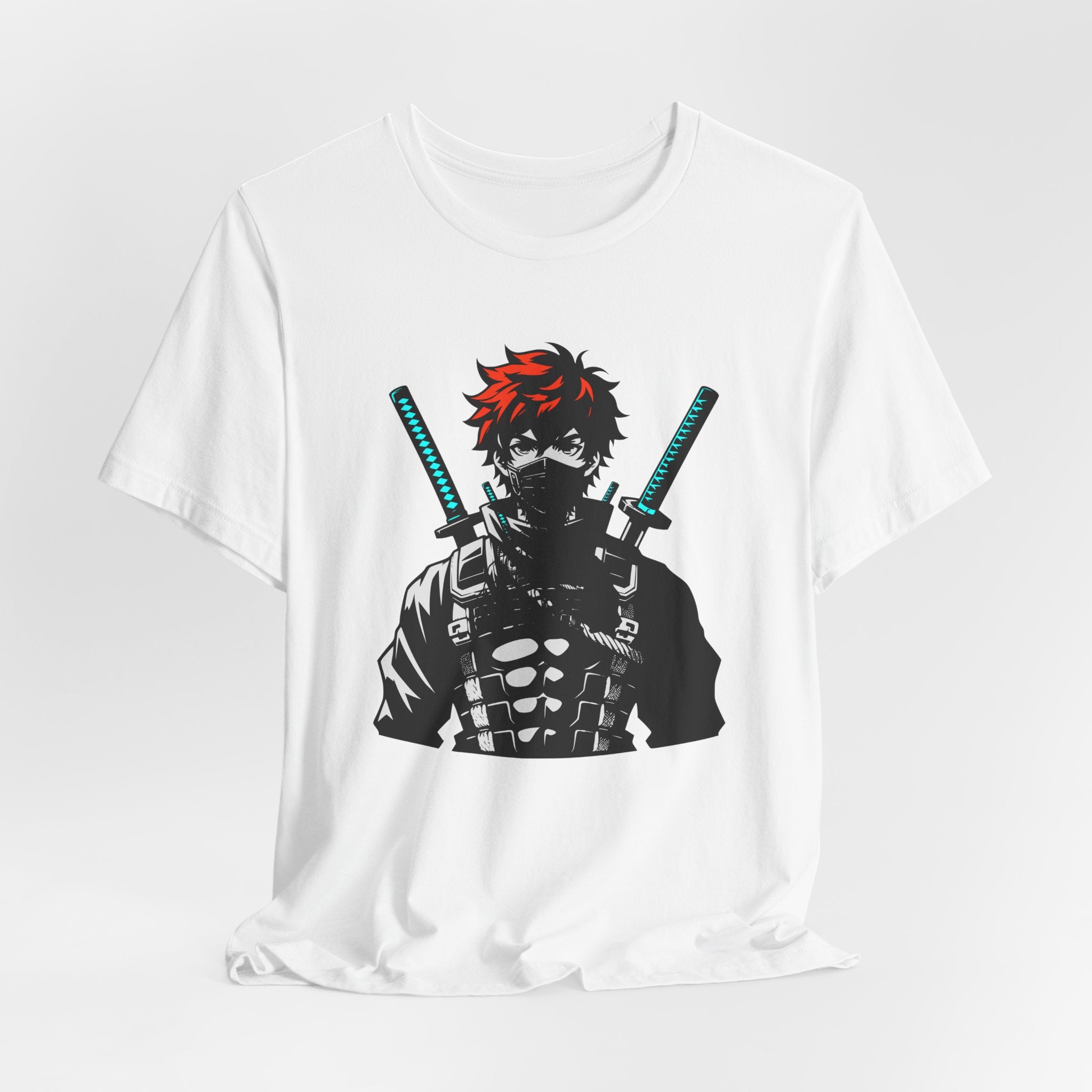 White t-shirt with a graphic of a character holding two swords on a white background