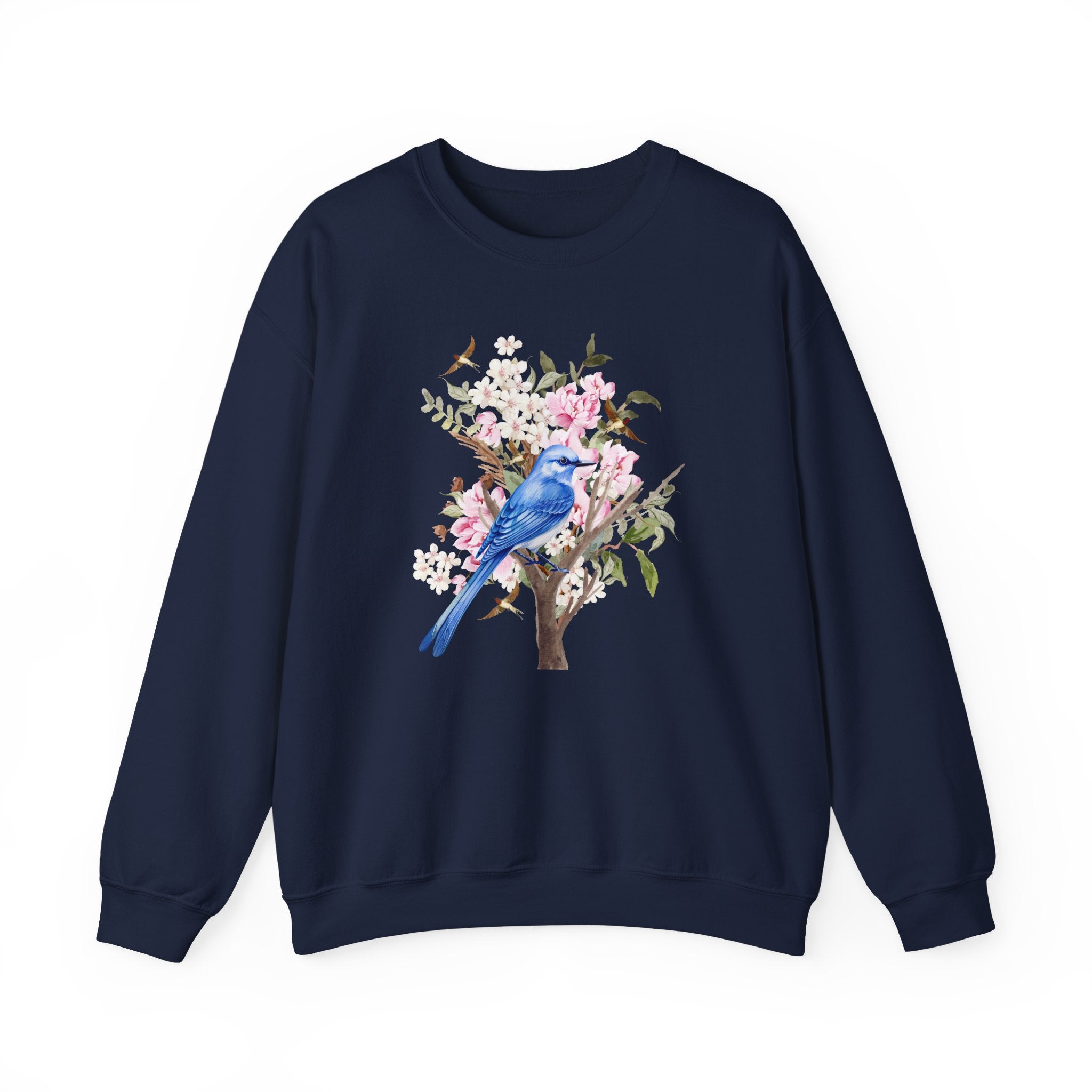 Navy blue sweatshirt with a blue bird and floral design on a white background