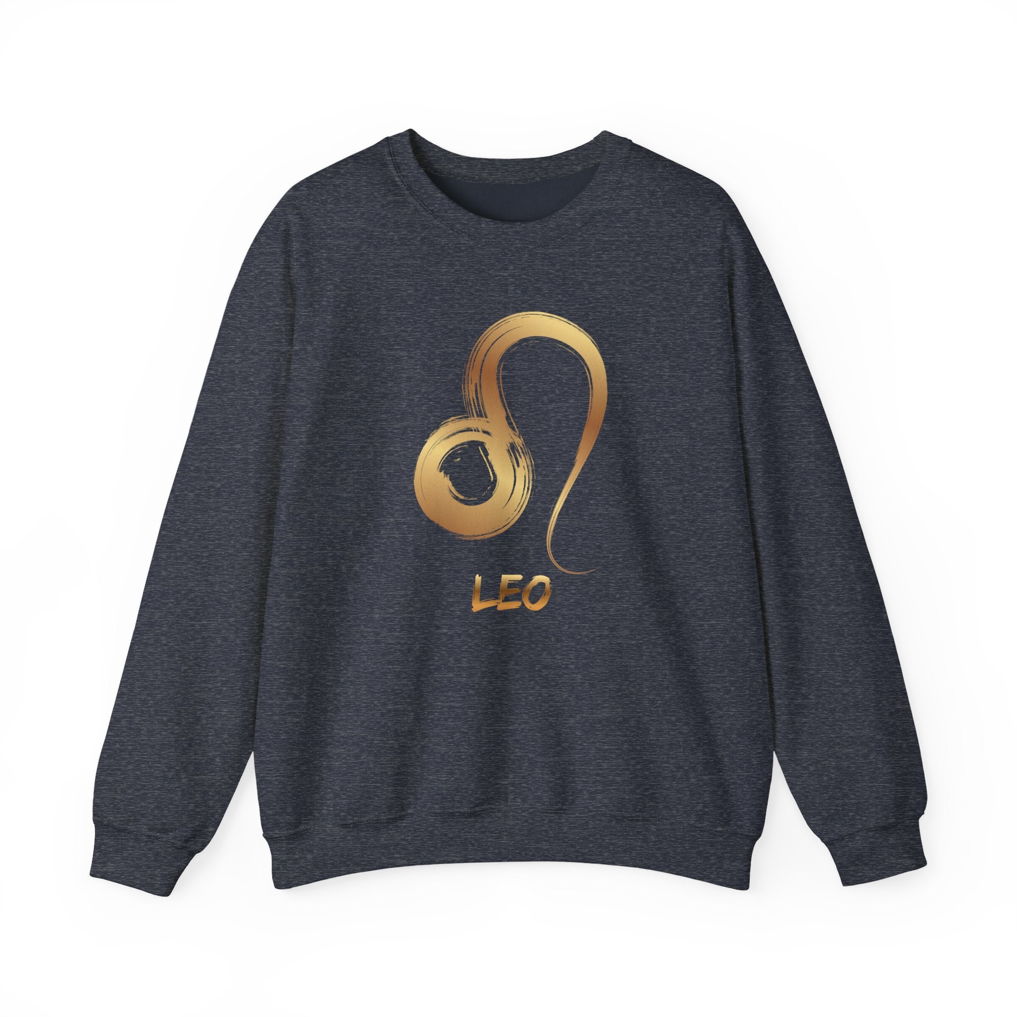 Dark navy sweatshirt with gold Leo symbol and text on a white background