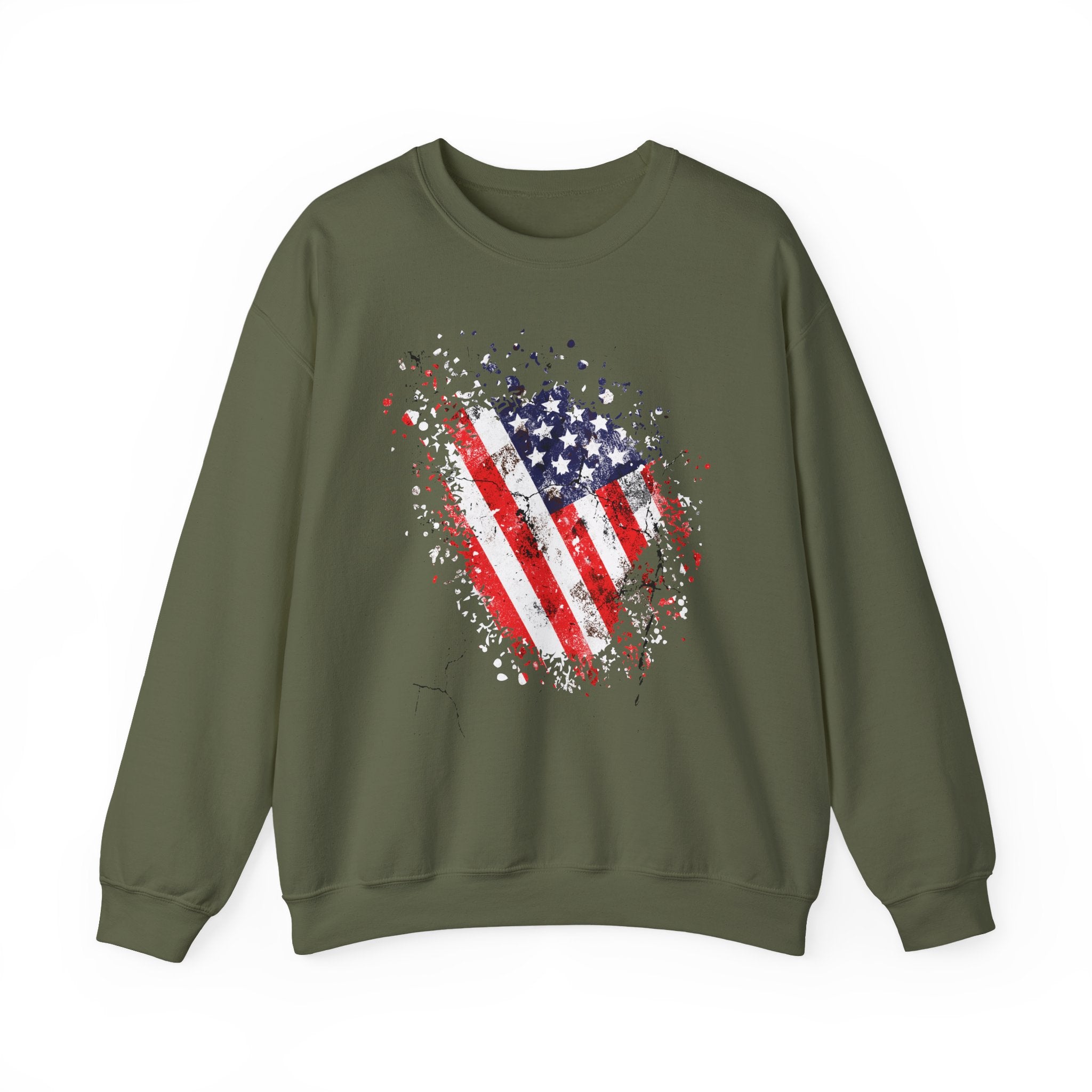 Green sweatshirt with American flag design on a white background