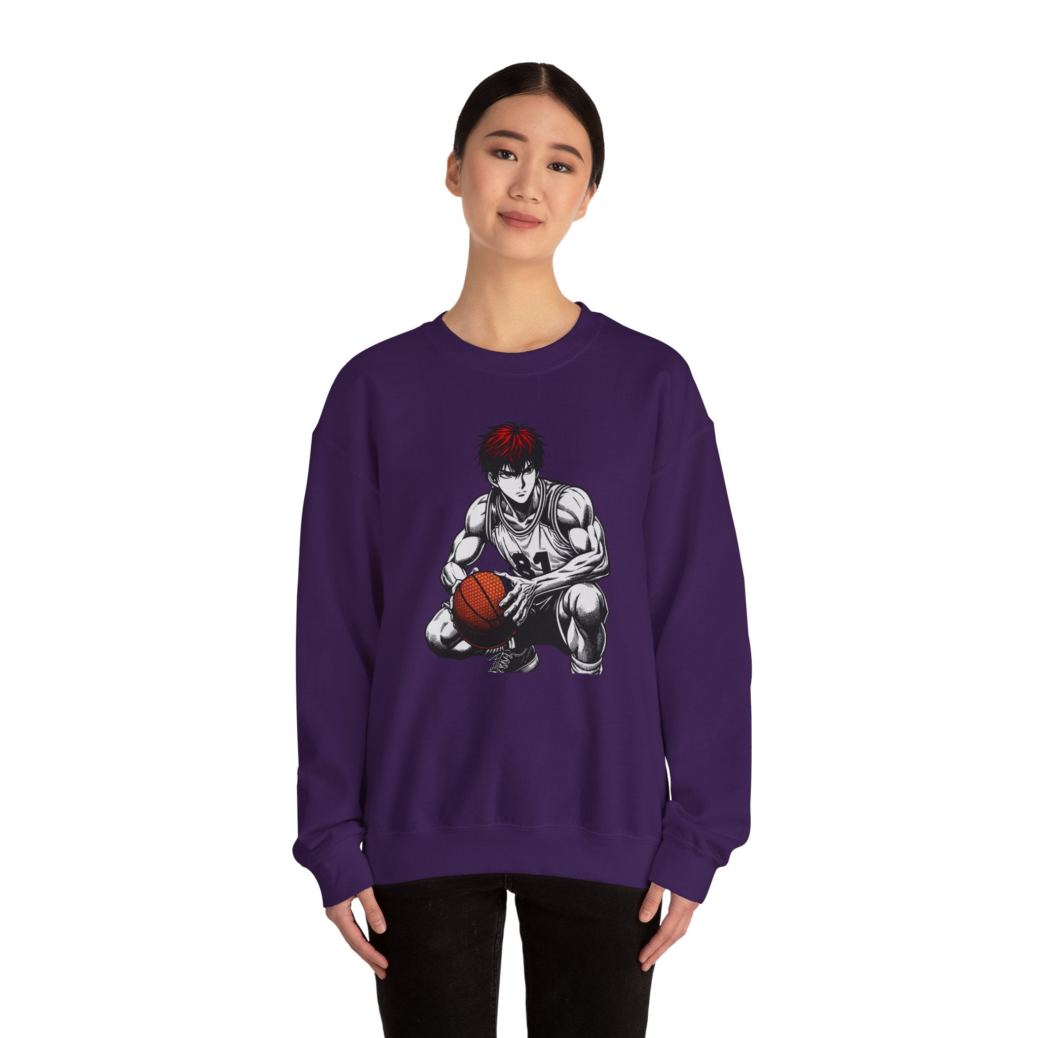 Person wearing a purple sweatshirt with an anime-style graphic of a character holding a basketball on a white background