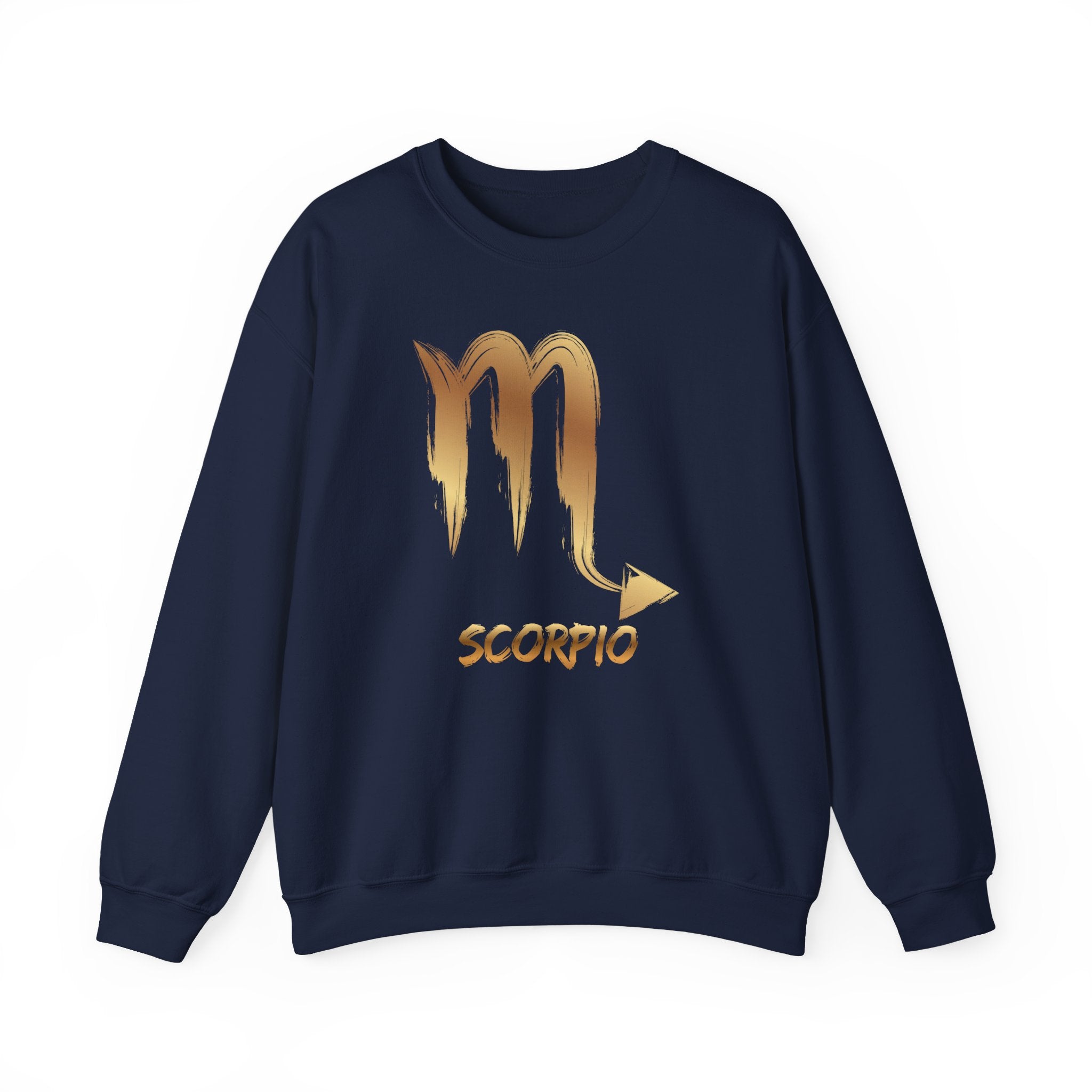 Navy blue sweatshirt with gold Scorpio zodiac symbol on a white background