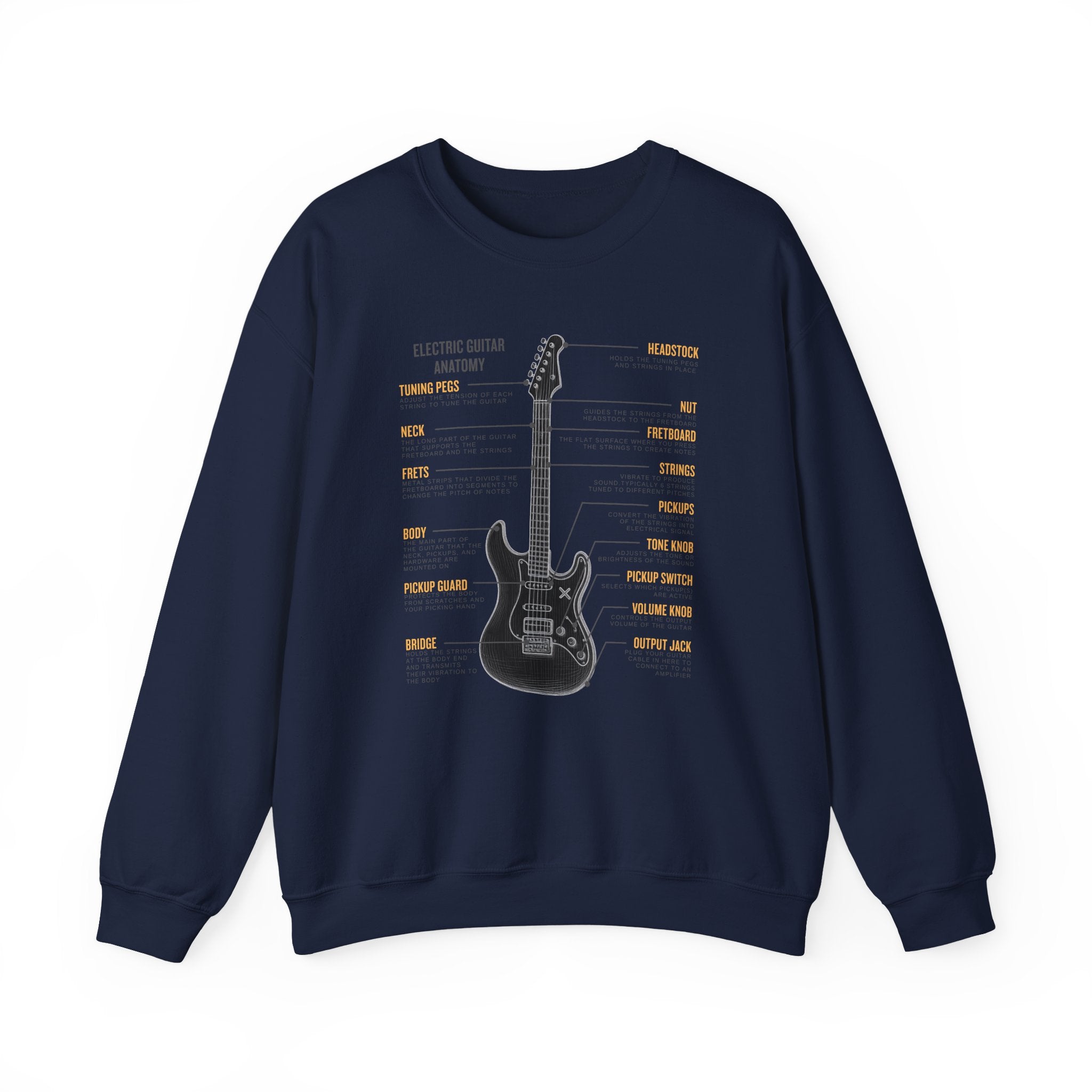 Navy blue sweatshirt with a electric guitar anatomy diagram design on a white background