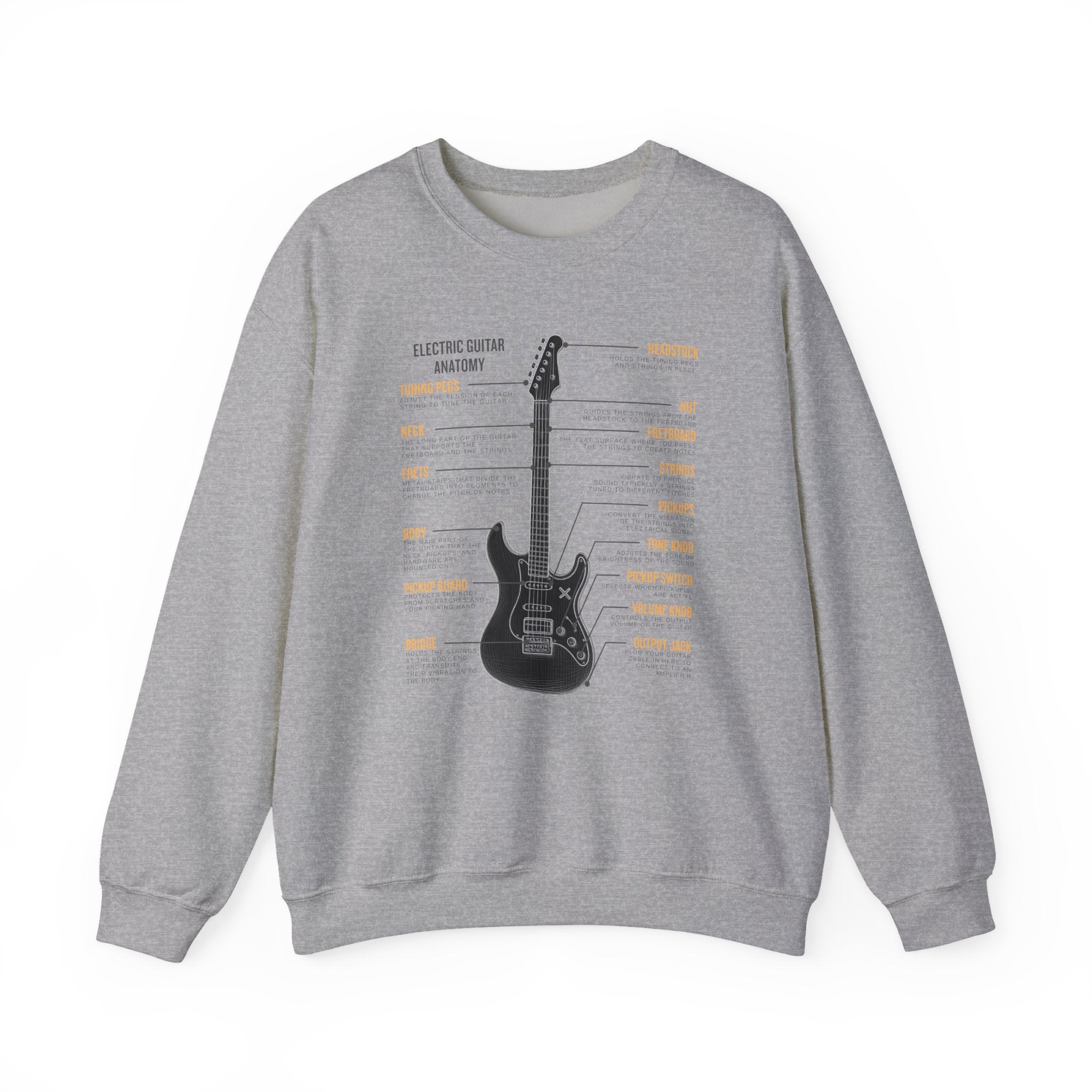 Gray sweatshirt with a electric guitar anatomy diagram design on a white background