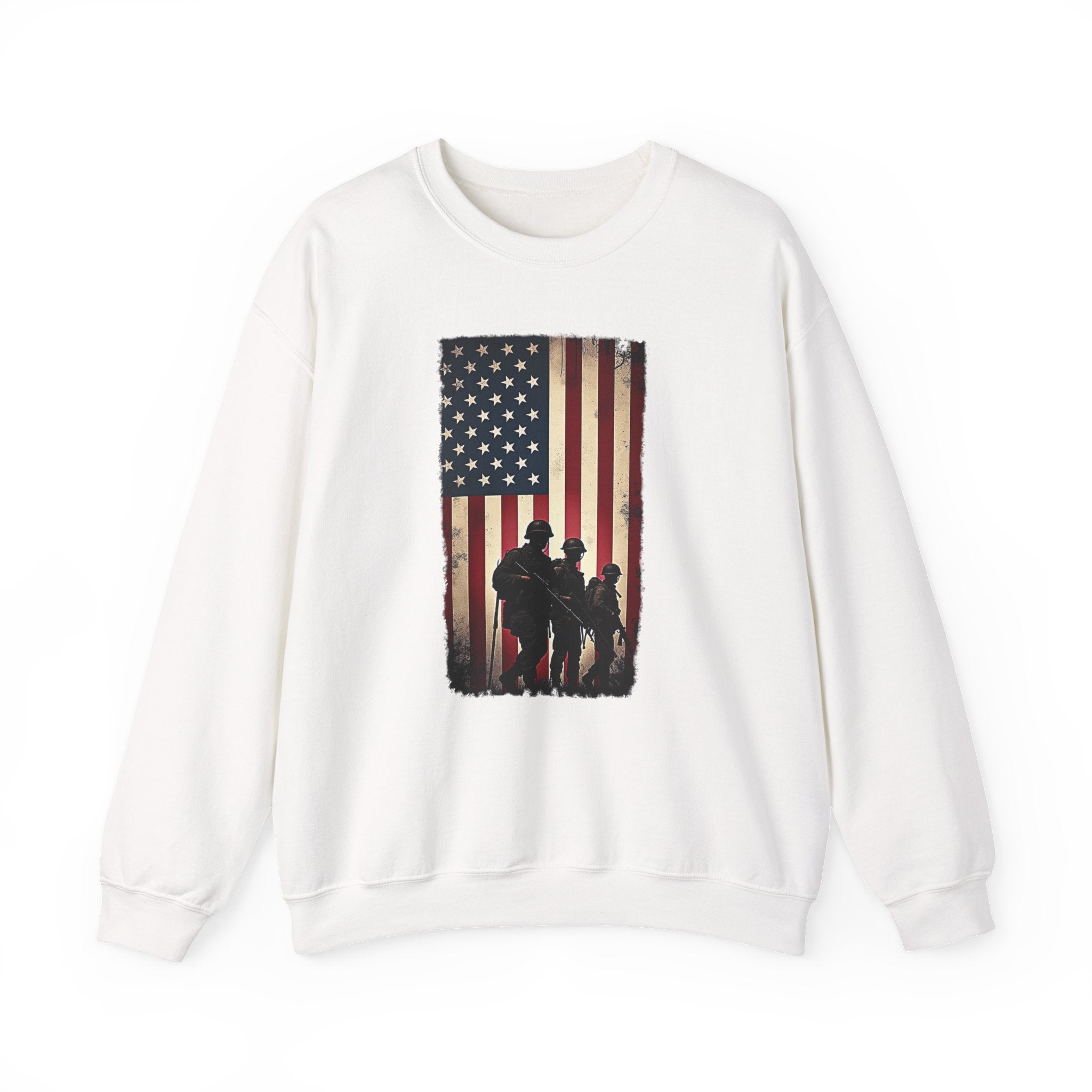 White sweatshirt with a graphic of three figures and an American flag on a white background