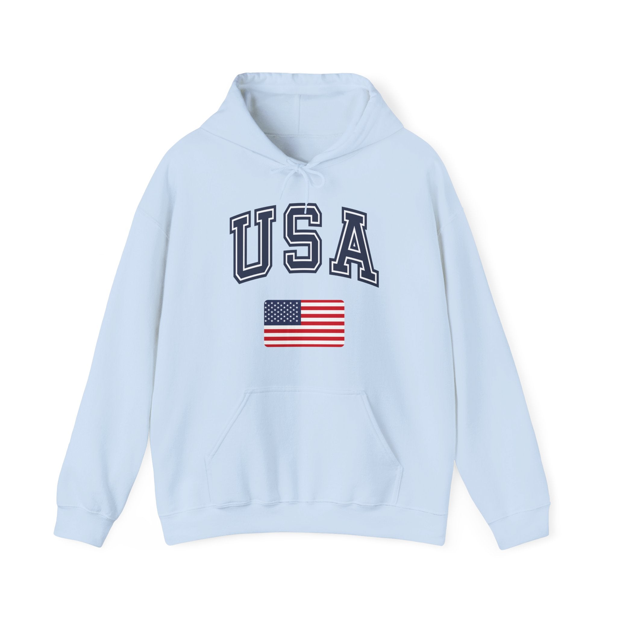 Light blue hoodie with 'USA' and American flag on a white background